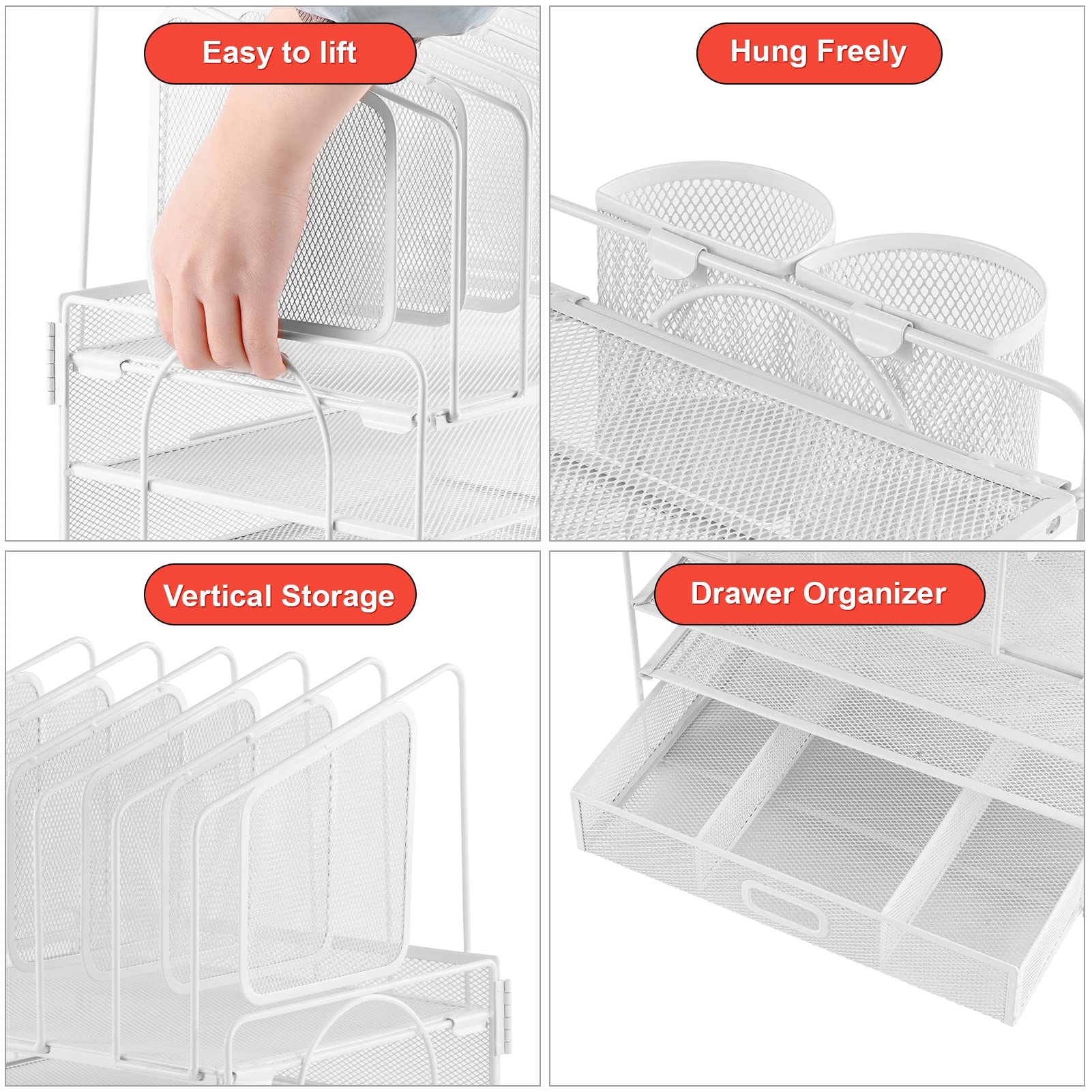 4-Tier Mesh Desk File Organizer with 5 Vertical File Holders & 2 Pen Holders - Multifunctional White Office Desk Organizer for Home & Workspace - Perfect for Paper Storage, Document Management & Office Supplies Organization