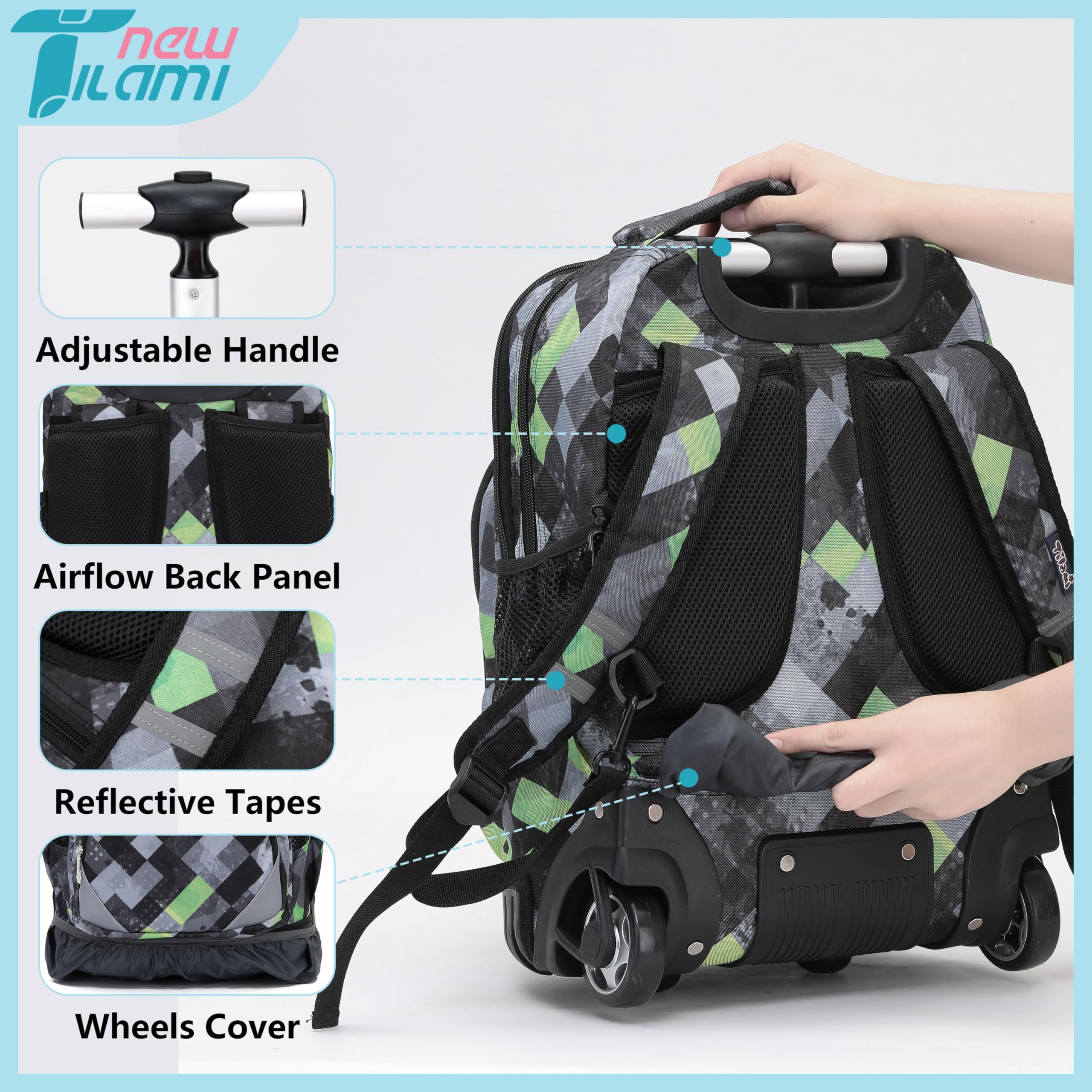 TILAMI 18 Inch Rolling Backpack for Kids - Wheeled Laptop Backpack with Extendable Handle, Durable School Backpack for Travel, College & Airplane Carry-On (Ideal for School, Commuting & Family Trips)