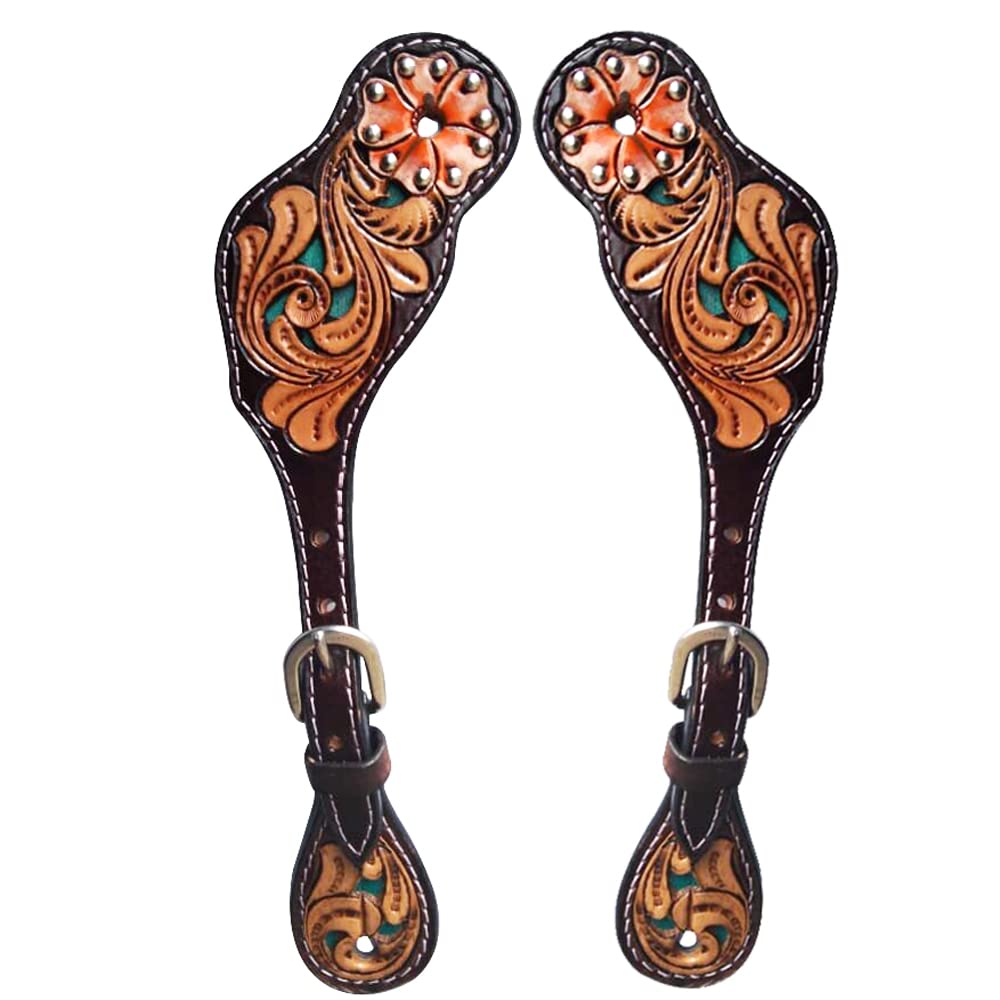 HILASON Genuine Leather Western Spur Straps with Floral Hand-Painted Design - Dark Brown - Unisex for Men & Women - Perfect for Horse Riding, Rodeo, and Western Equestrian Events