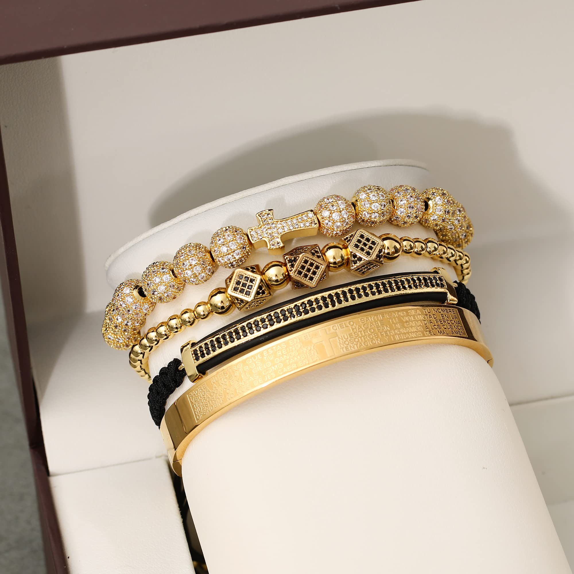 WFYOU Imperial Crown Bracelet for Men - 18kt Gold Plated Cubic Zirconia Beaded Cross Charm Bracelet - Luxury Jewelry Gift for Him - Perfect for Weddings, Anniversaries & Special Occasions