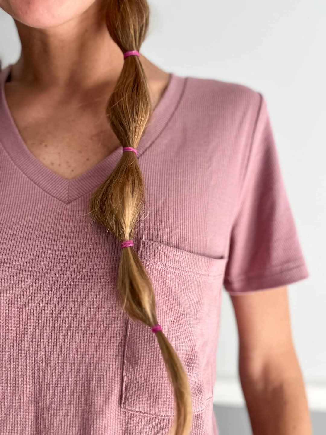 Mauve Ribbed V-Neck Pocket T-Shirt for Women - Soft & Comfortable Casual Tee - Perfect for Everyday Wear, Work, and Outings