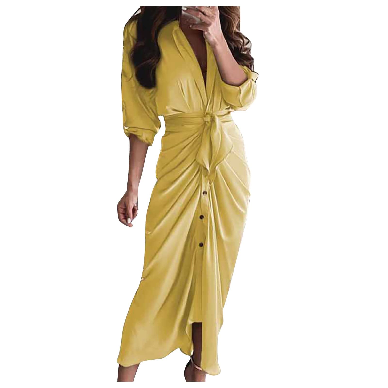 Kulywon Women's Casual Ruched Long Sleeve Shirt Dress with Belt - Floral Print Office & Spring Dress for Work, Date Night & Special Occasions