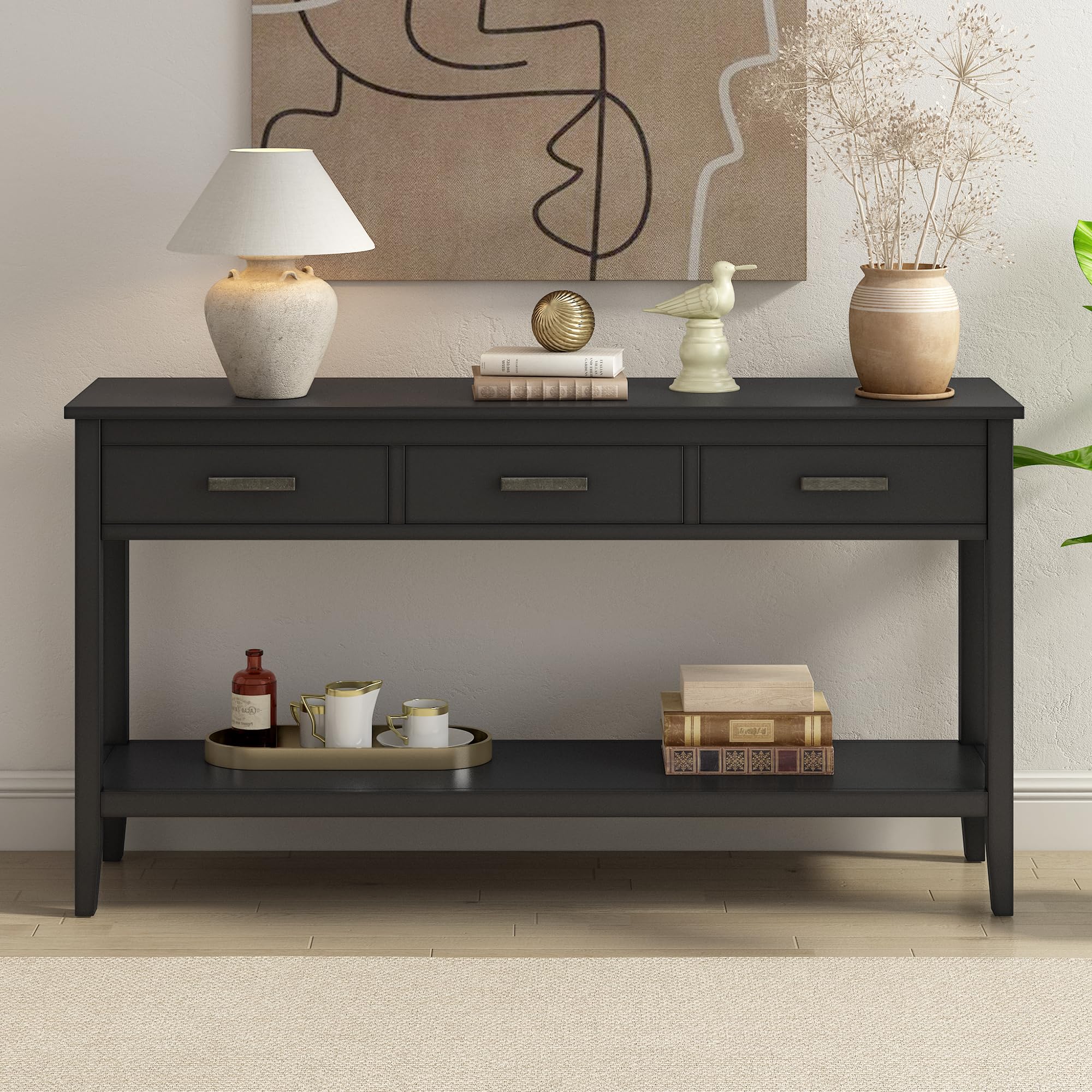 P PURLOVE Wooden Console Table with 3 Storage Drawers & Bottom Shelf - Entryway Sofa Table for Hallway, Living Room (Black) | Perfect for Small Spaces, Home Decor & Organizing Keys, Mail & Essentials