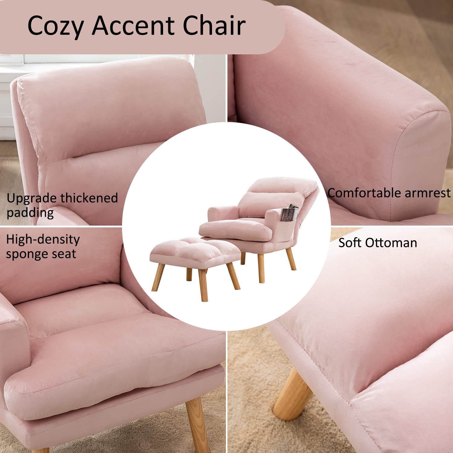 INZOY Modern Accent Chair with Ottoman - Adjustable Backrest, Velvet Fabric Armchair with Side Pockets for Living Room, Bedroom & Office - Comfy Lounge Chair in Pink (Perfect for Relaxing, Reading & Small Space Decor)