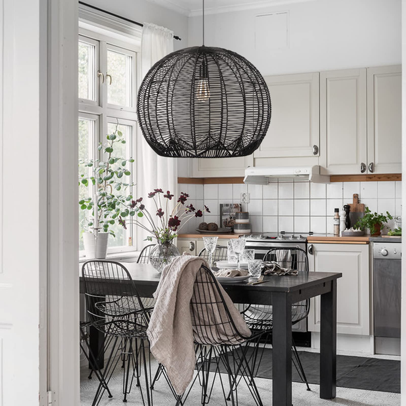 WalmHomie Woven Pendant Light - Black Farmhouse Ceiling Light Fixture with 1-Light Hanging Design for Living Room, Kitchen, Dining Room & Bedroom
