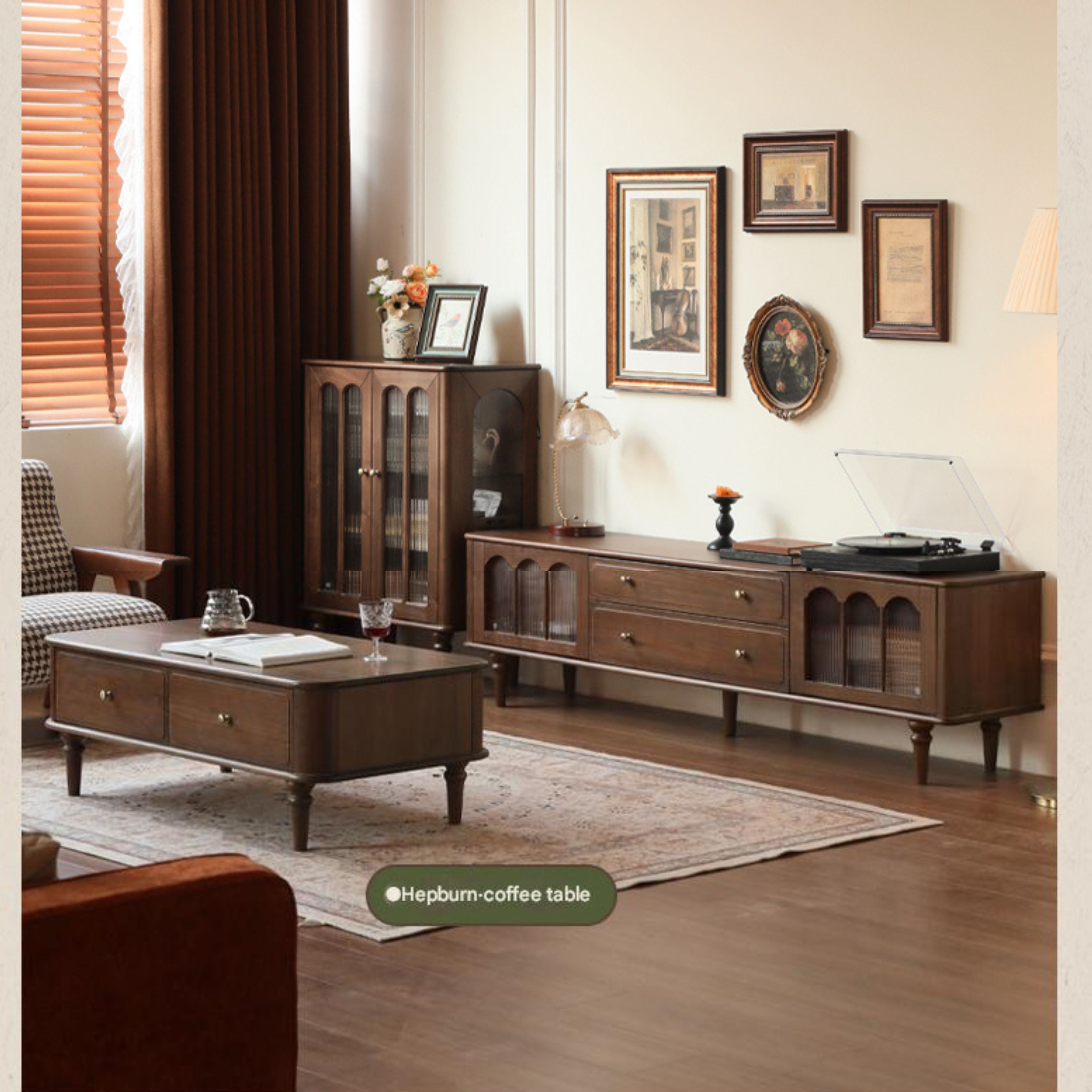 Solid Black Walnut Wood Retro TV Stand - Vintage American Style TV Cabinet for Living Room, Bedroom & Home Theater