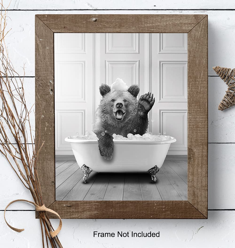 Funny Bear Wall Art Decor - Cute Modern Bathroom Sign for Women & Kids - Unique Powder Room & Restroom Wall Decor - Perfect for Bathroom, Nursery & Playroom
