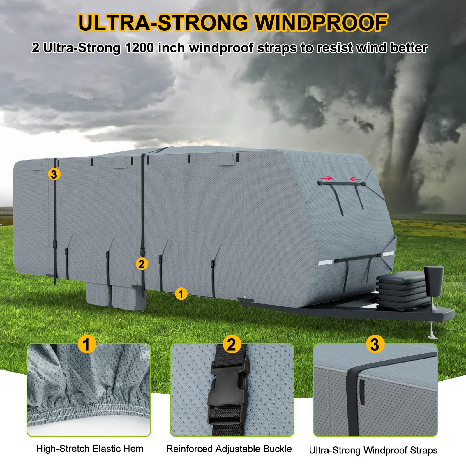 Heavy Duty RV Cover 20-22ft - 8-Layer Waterproof Windproof Camper Cover with Tongue Jack Cover & Extra Windproof Ropes | UV Protection for Travel Trailers | Perfect for Winter Storage & Outdoor Protection