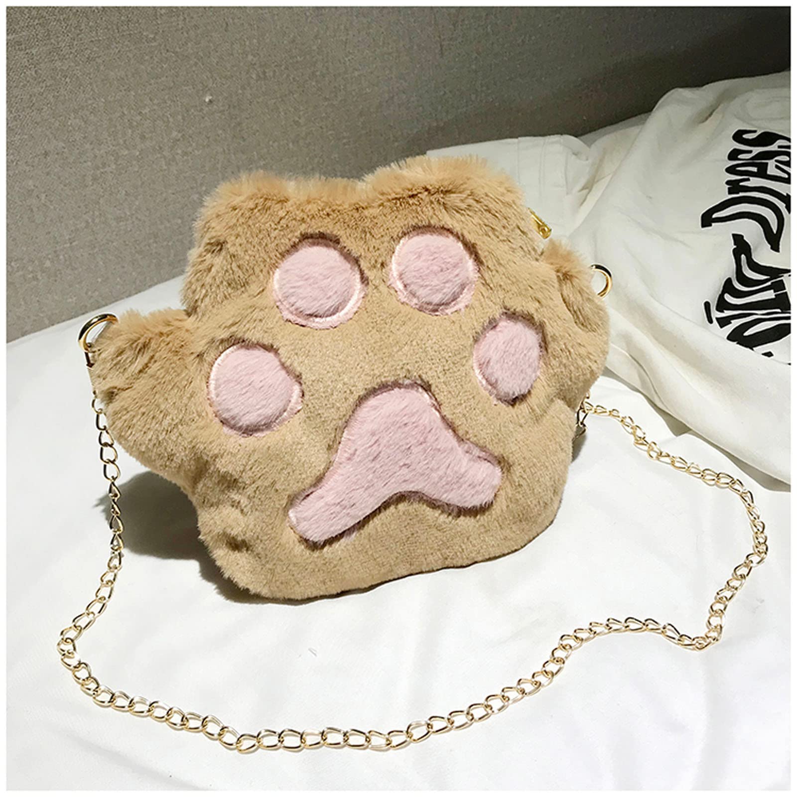 KeyiwaA Women's Cute Cartoon Plush Cat Claw Shoulder Bag - Soft Chain Messenger Purse for Students, Casual Handbag with Phone Pocket (Brown) - Perfect for School, Work & Daily Use