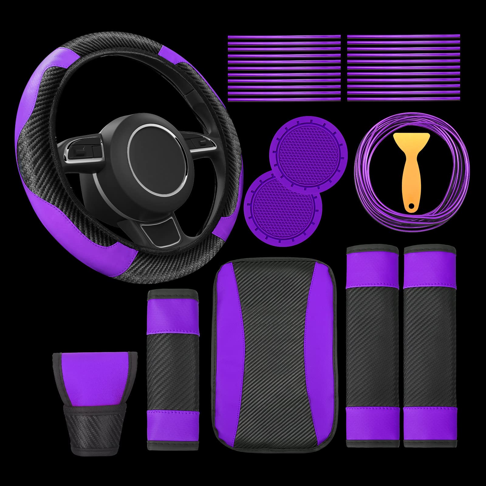 Riakrum 30 Pcs Purple & Black PU Leather Car Accessories Set - Steering Wheel Cover, Vent Trim Strips, AC Insert Strips with Installation Tool | Auto Interior Upgrade Gift for Men & Women | Perfect for Sedans, SUVs, Trucks & Daily Commuting