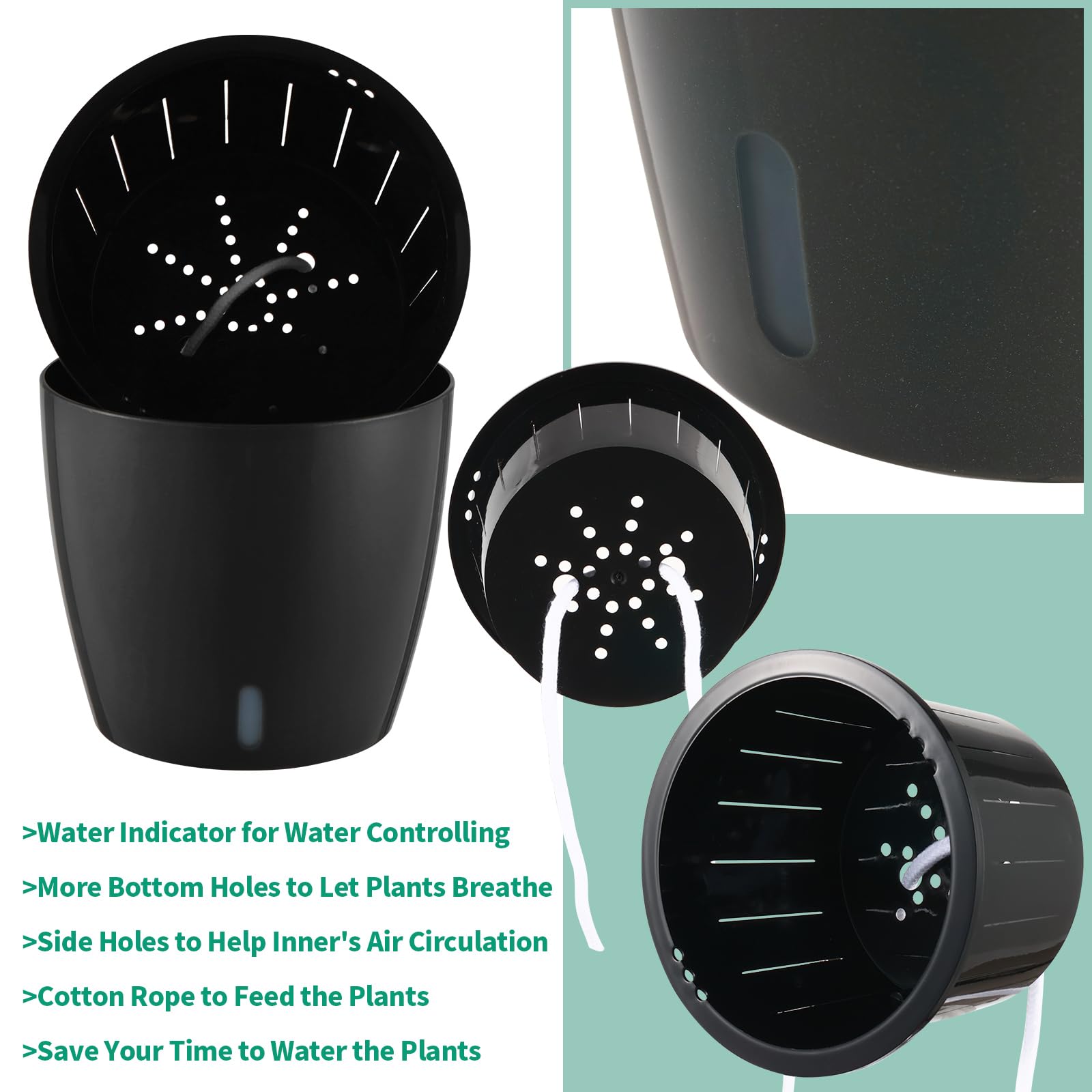 Planterhoma 5 Inch Self Watering Plant Pots - 6 Pack African Violet Pots with Water Level Indicator, Drainage Holes & Wick System - Ideal for Orchids, Devil's Ivy, Succulents & Indoor Plants - Perfect for Home, Office Decor & Gardening Gifts