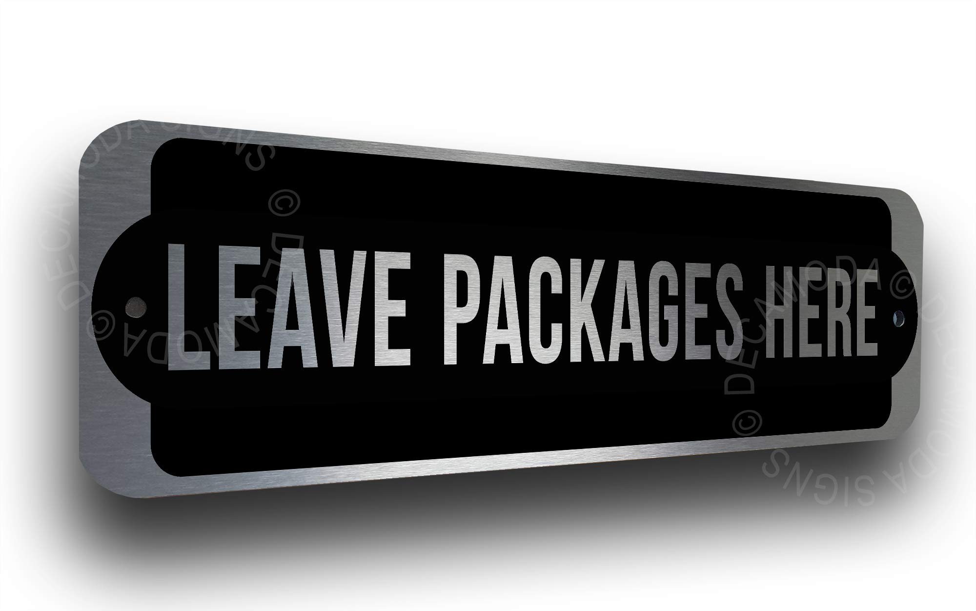 Leave Packages Here Sign for Business - 9 x 3 Inches Silver Delivery Sign - Perfect for Front Door, Office, and Package Drop-off Areas