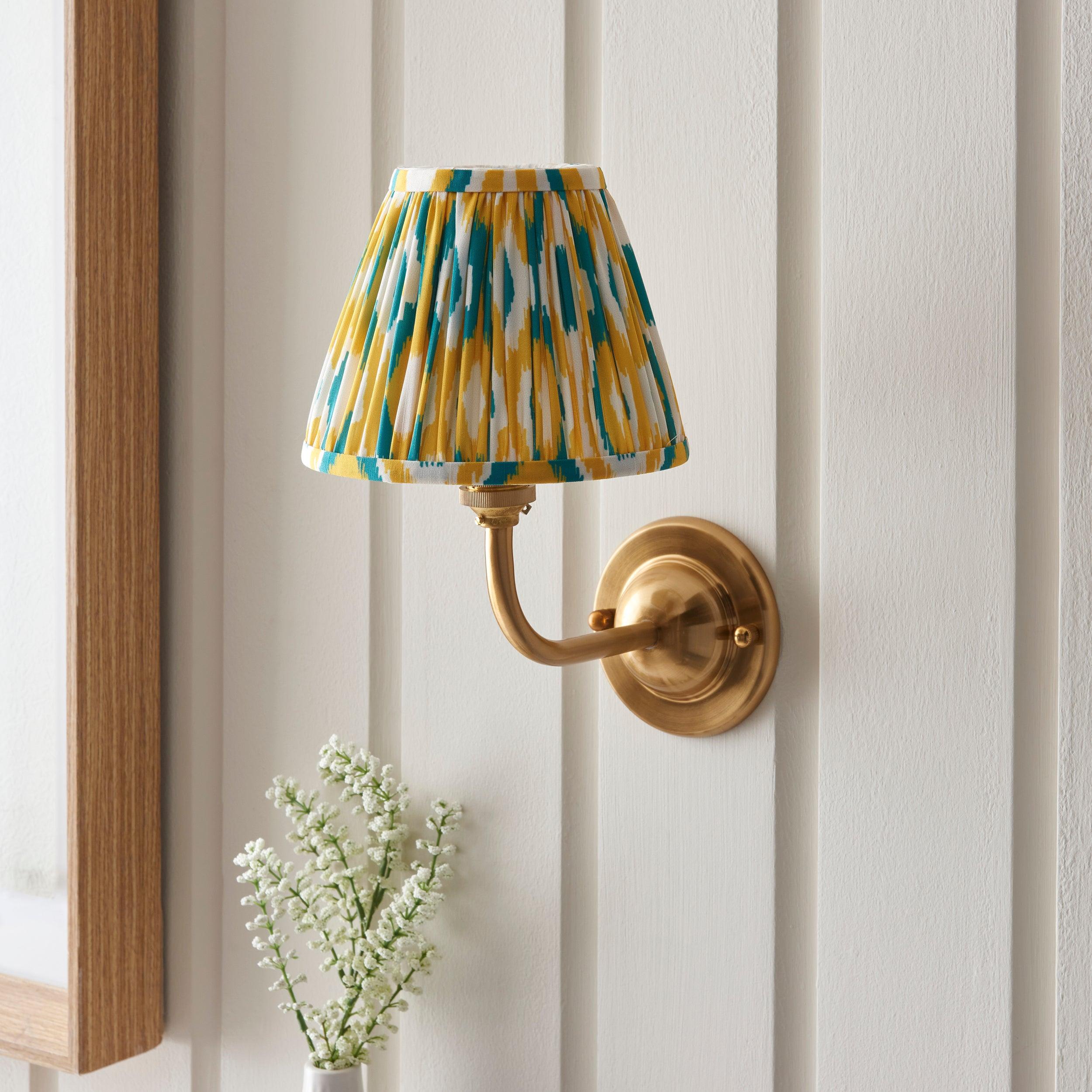 Vintage Dome Arc Brass Wall Light with Ikat 16cm Yellow & Jade Shade - Perfect for Bedroom, Living Room, and Hallway Lighting