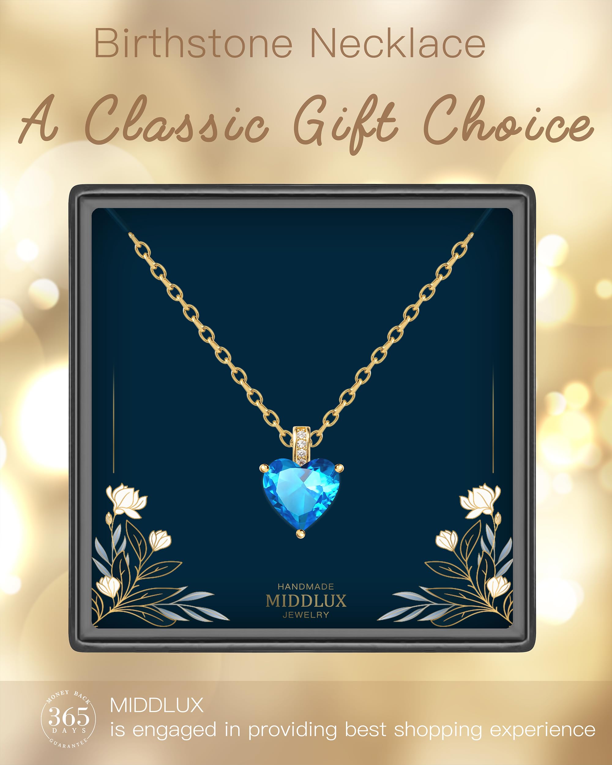 Authentic Birthstone Necklace for Women - Heart Pendant Love Jewelry, Personalized Birthday Gift for Her, Valentine's Day, Anniversary & Mother's Day Present