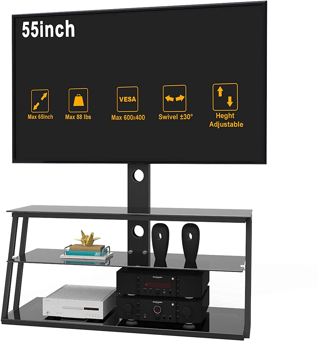Adjustable Height TV Stand with Mount for 32-65 Inch TVs - Universal Floor Media Stand with 3-Tier Tempered Glass Shelves for Plasma, LCD, LED & Curved Screens by IANIYA - Perfect for Living Room, Bedroom or Home Theater Setup
