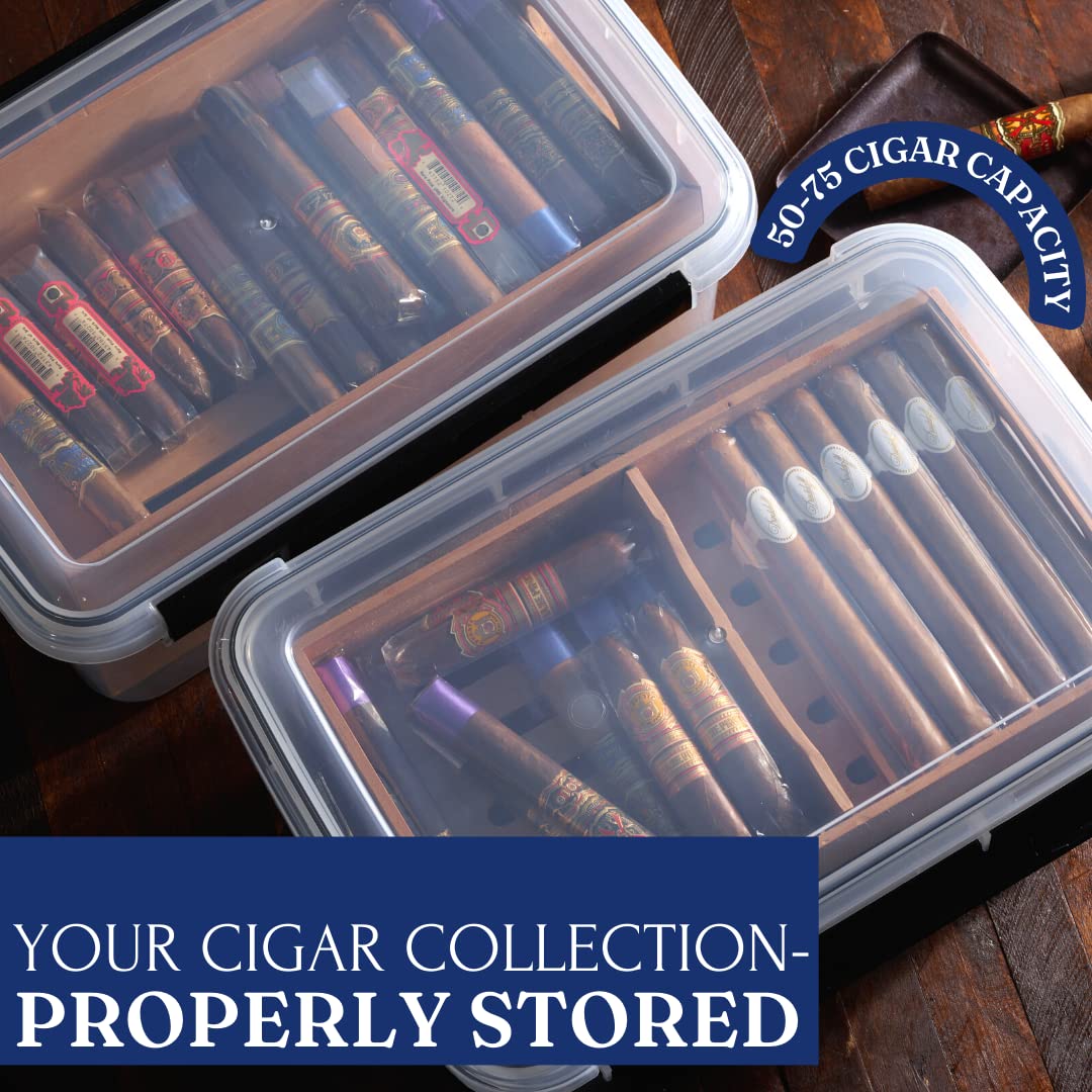 Premium Plastic Cigar Tupperdor Humidor - 2 Spanish Cedar Trays, Digital Hygrometer & Humidifier Included | Airtight Cigar Storage Container for Home, Office, Travel & Aging Cigars