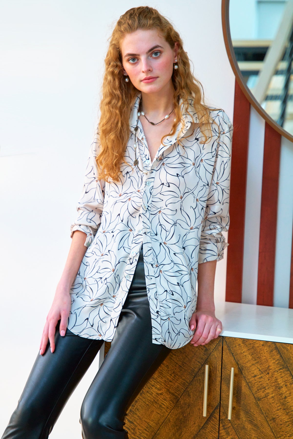 Monica Floral Oversized Shirt - Dancing Lilies Print Women's Blouse | Casual Boho Chic Top for Summer, Beach & Vacation Outfits