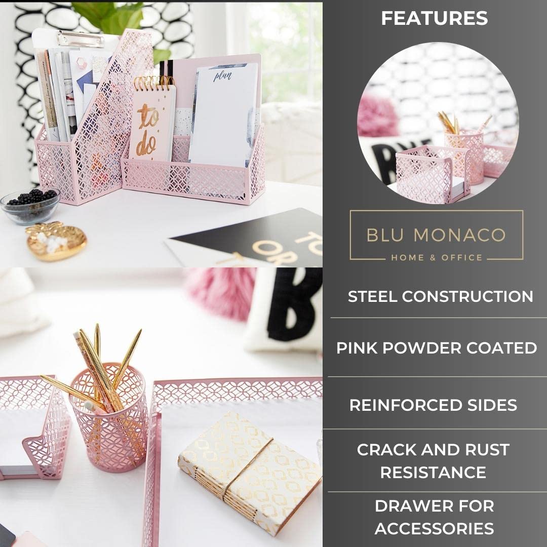 BLU MONACO Pink Desk Organizer Set - Stylish Mail Sorter, Sticky Note Holder, Pen Cup, Magazine Holder, Letter Tray & Business Card Holder | Perfect for Office, Home & Workspace Organization - Elegant Pink Office Decor