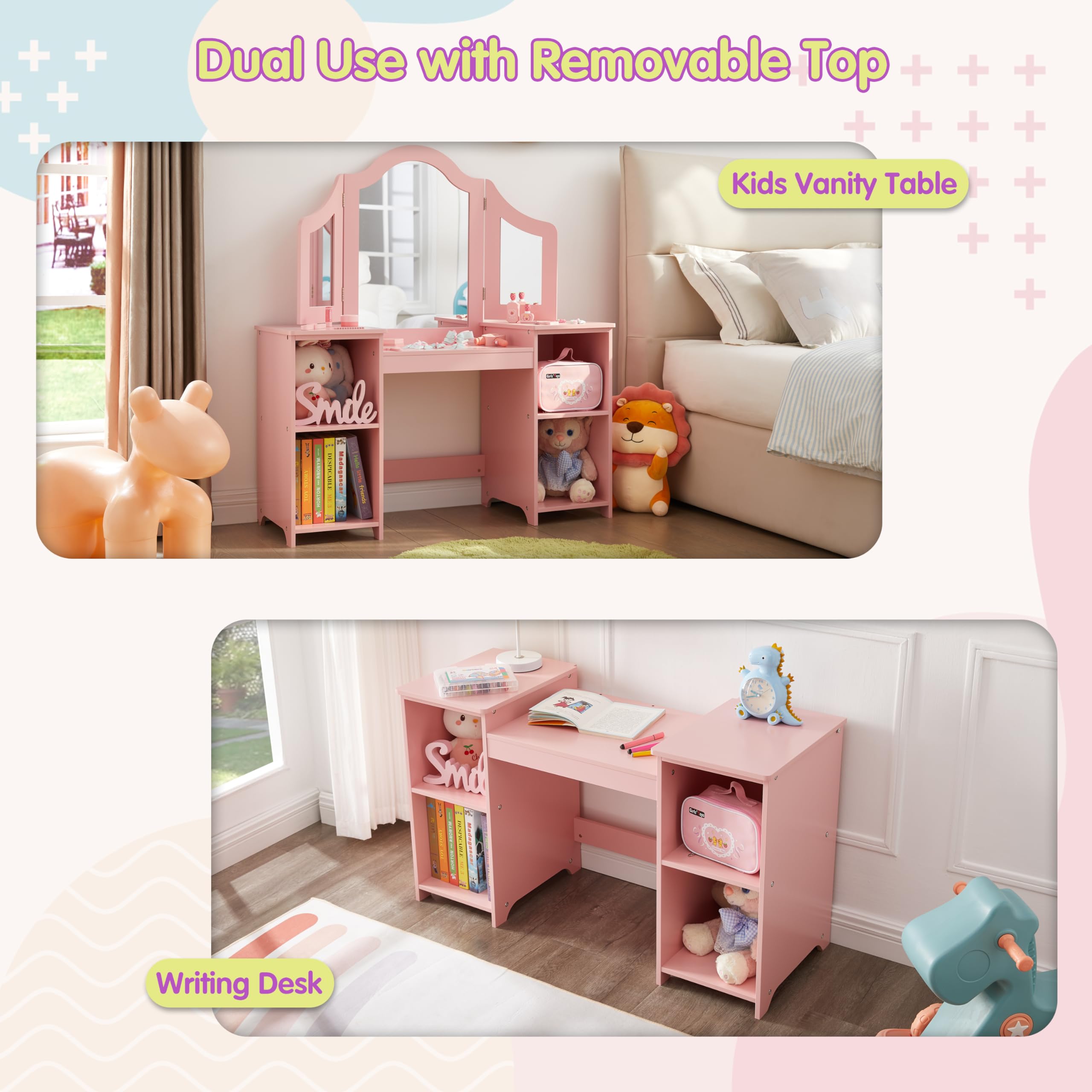 2 in 1 Kids Vanity & Princess Makeup Table with Open Storage Cabinet - Detachable Tri-fold Mirror, Pretend Play Dresser for Little Girls Age 3-9 (Pink) - Perfect for Birthday Gifts, Bedroom Decor & Role Play Activities