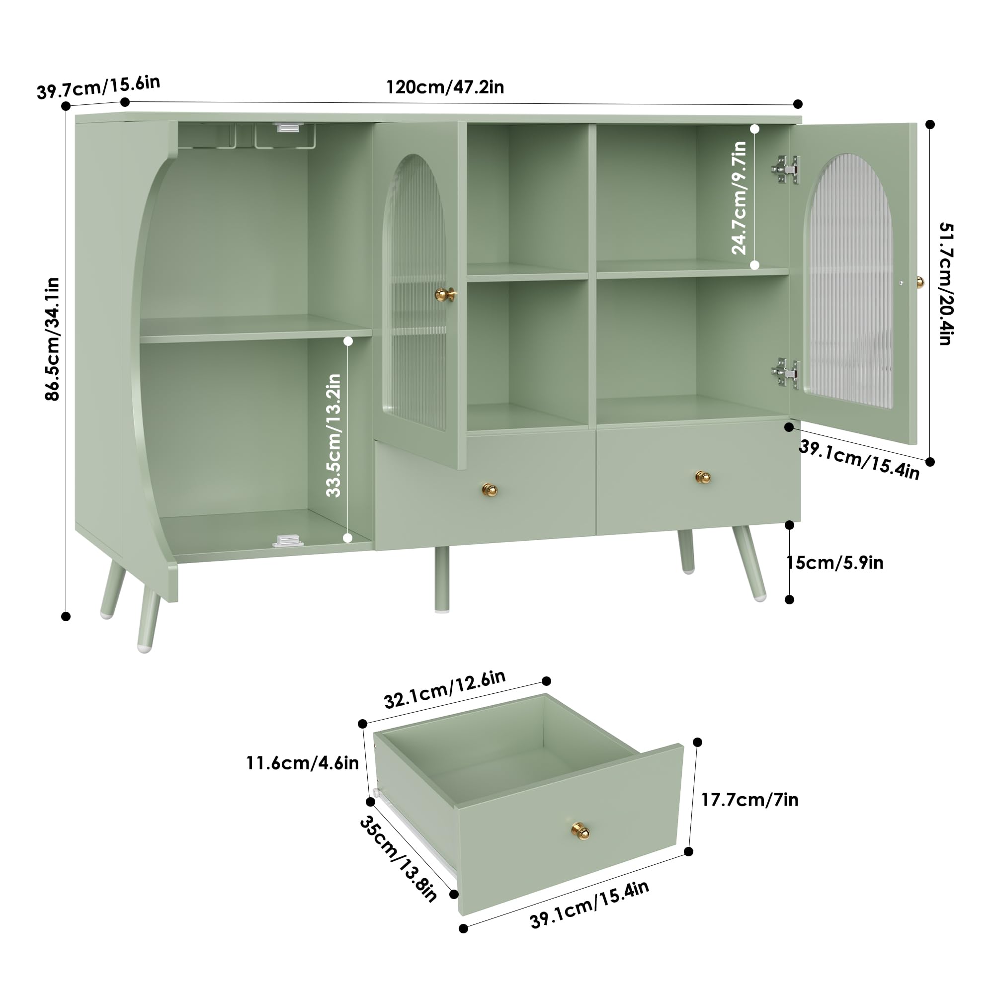 Coffee Bar Cabinet with 2 Drawers & Fluted Glass Door, Modern Buffet Sideboard for Kitchen & Living Room, Stylish Wine Bar Storage Solution, Green - Perfect for Entertaining & Home Decor