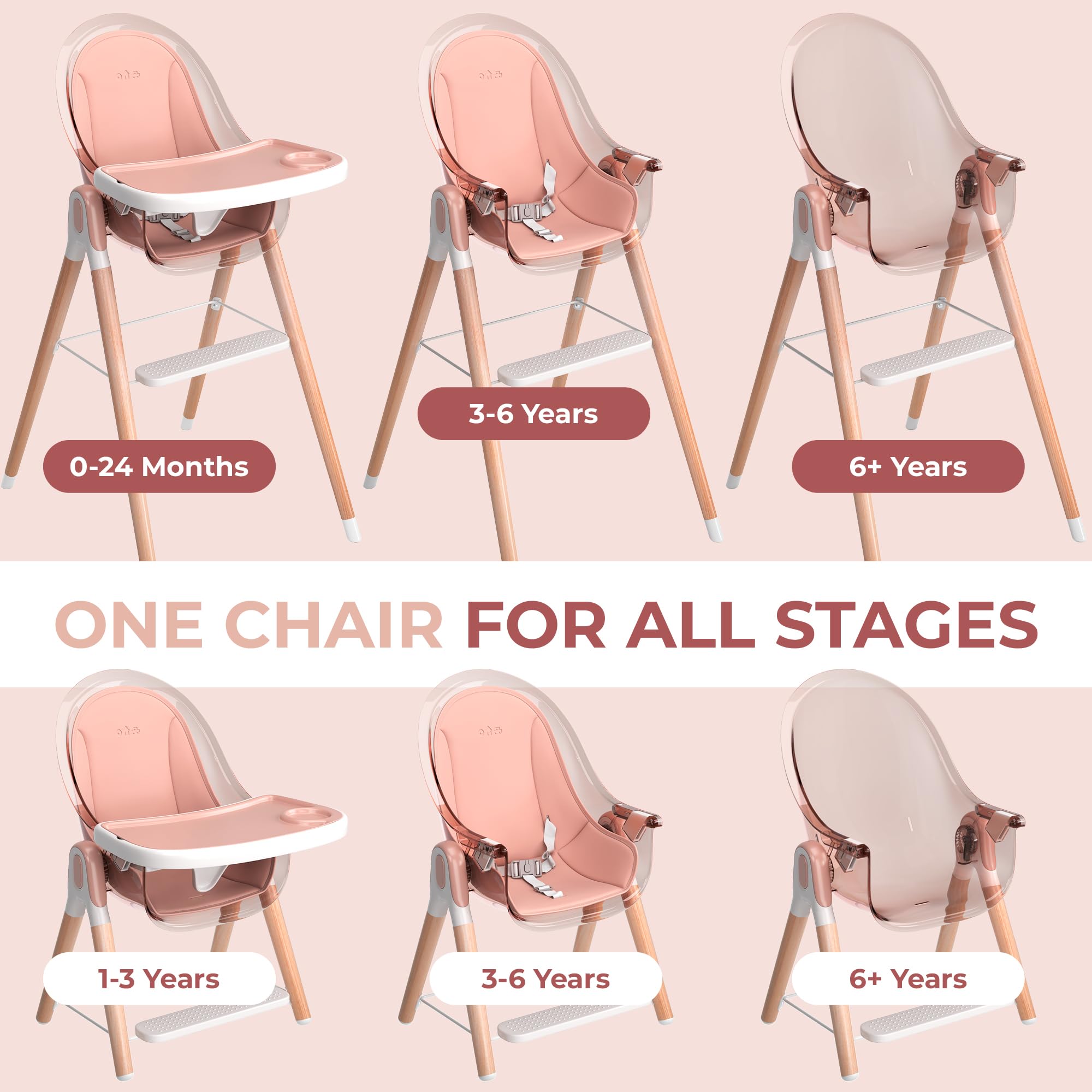 **6-in-1 Deluxe Wooden High Chair for Babies & Toddlers – Modern, Safe & Compact Baby Highchair with Removable Tray & Cushion – Easy to Clean – 6 Options, 3 Seat Positions, 2 Heights – Perfect for Dining, Feeding & Playtime (Pink)**