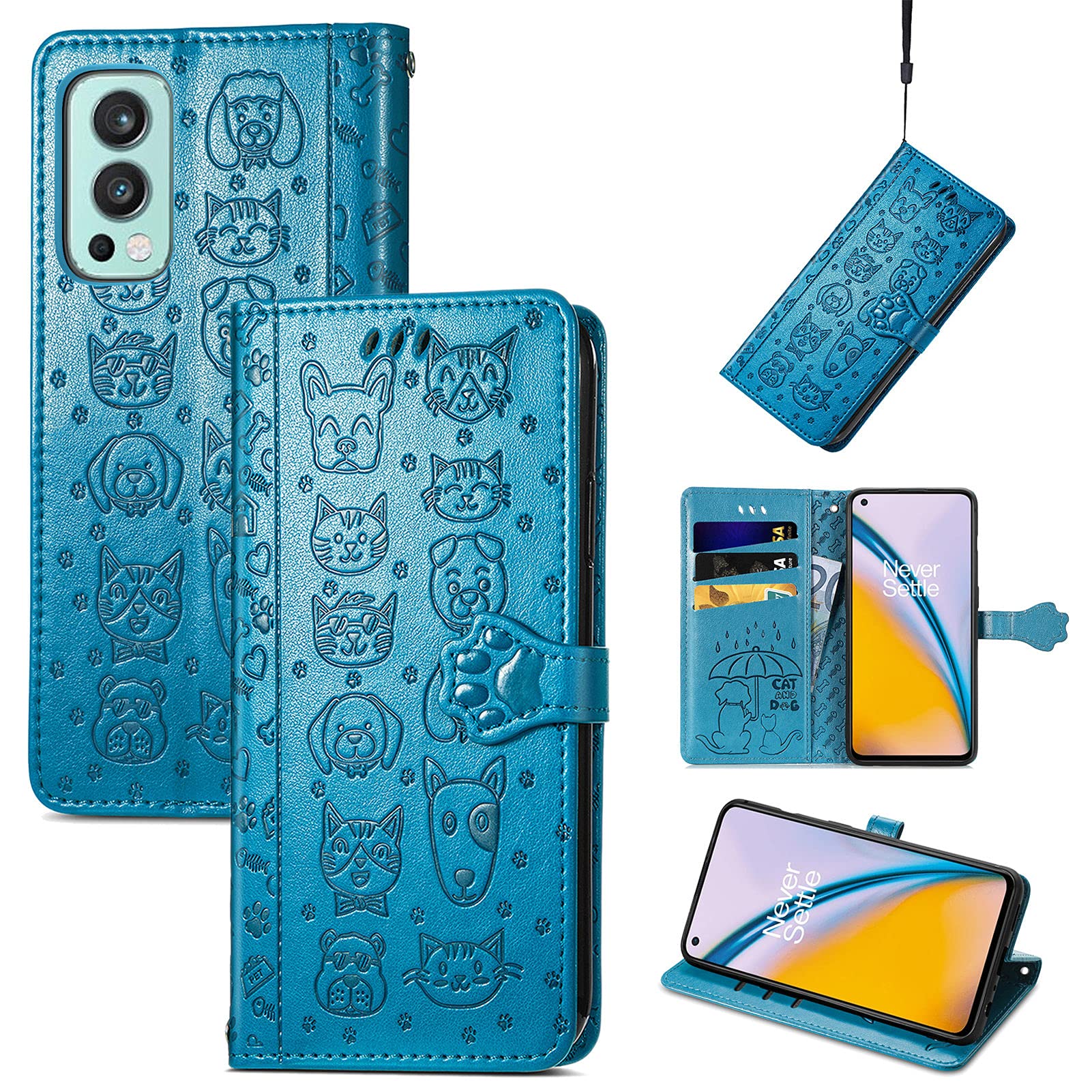Cute Cartoon Wallet Case for OnePlus Nord 2 5G - Cat & Dog Style Flip Cover with ID Card Holder, PU Leather Phone Case (MG Blue) - Perfect for Daily Use, Travel & Work