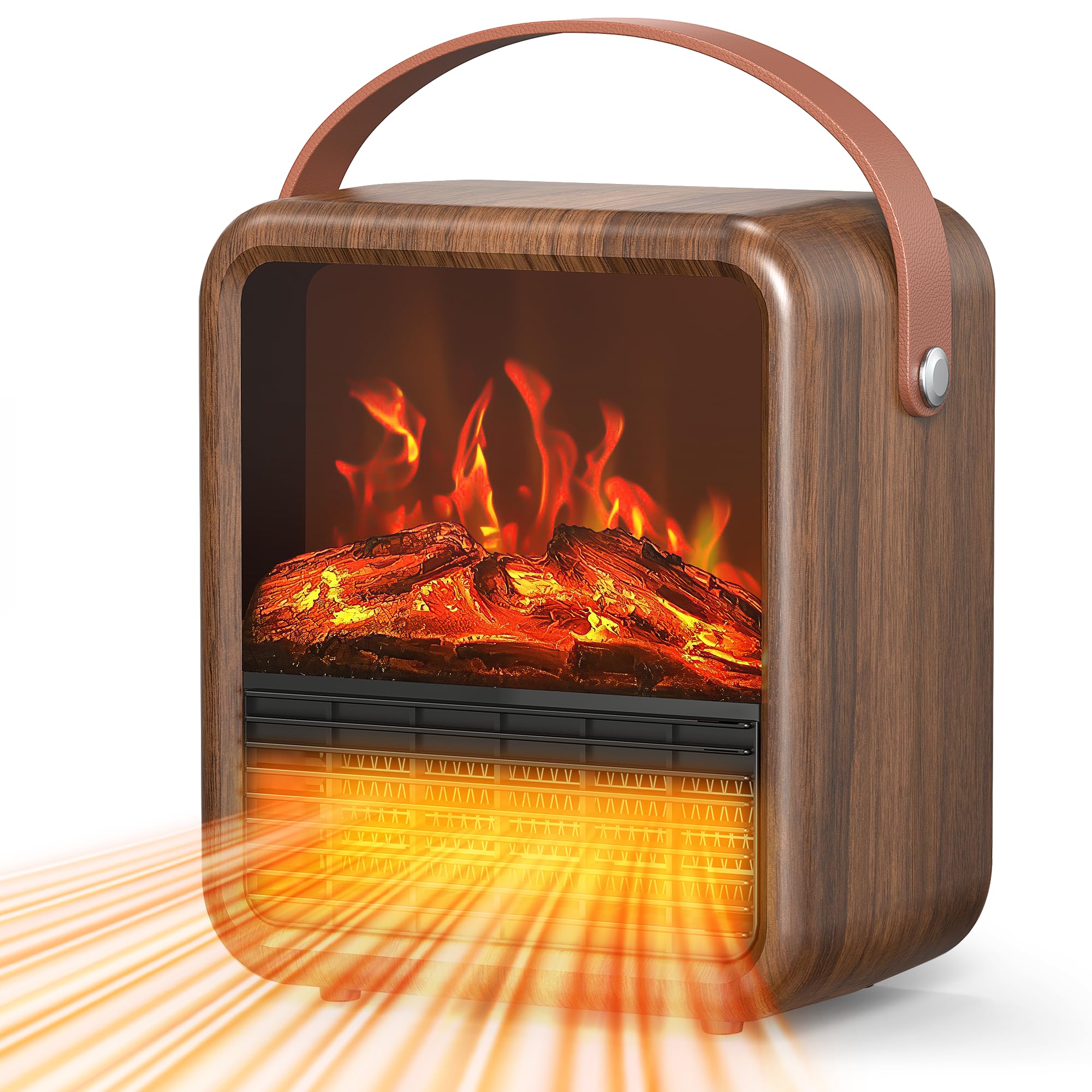 Portable Space Heater with 3D Flame Effect - 1500W/750W PTC Ceramic Heater, Thermostat & Tip-Over Protection - Mini Electric Fireplace for Bedroom, Office & Indoor Use - Walnut Finish