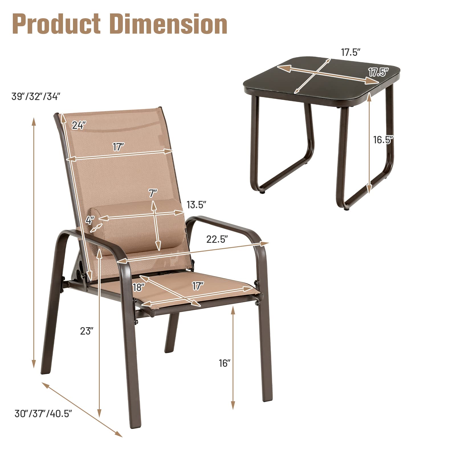 Giantex 3-Piece Outdoor Patio Bistro Set with Tempered Glass Coffee Table & 2 Stackable Chairs - Adjustable Backrest & Headrest - Brown Porch Furniture for Garden, Balcony, and Backyard Relaxation