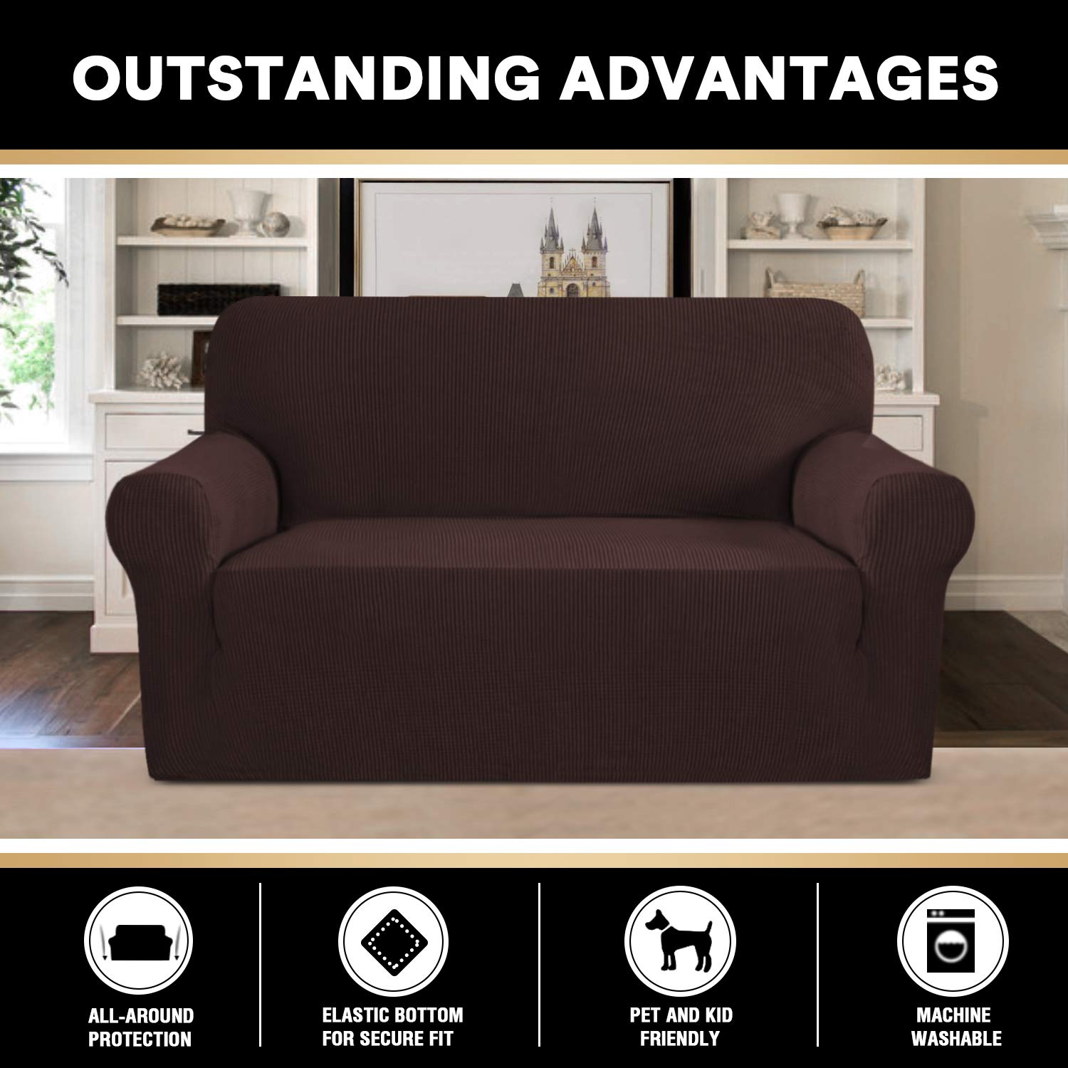 PrinceDeco Stretch Loveseat Sofa Cover Slipcover - Washable 2-Cushion Couch Cover with Non-Slip Bottom, Pet-Friendly Furniture Protector (Brown) - Perfect for Living Room, Apartment & Pet Owners