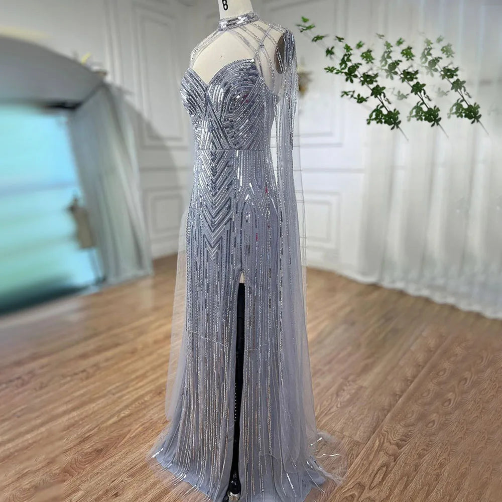 Elegant Silver Cape Sleeve Mermaid Evening Gown with High Slit & Beaded Details - Women's Formal Party Dress for Prom, Gala & Special Occasions - LA72137
