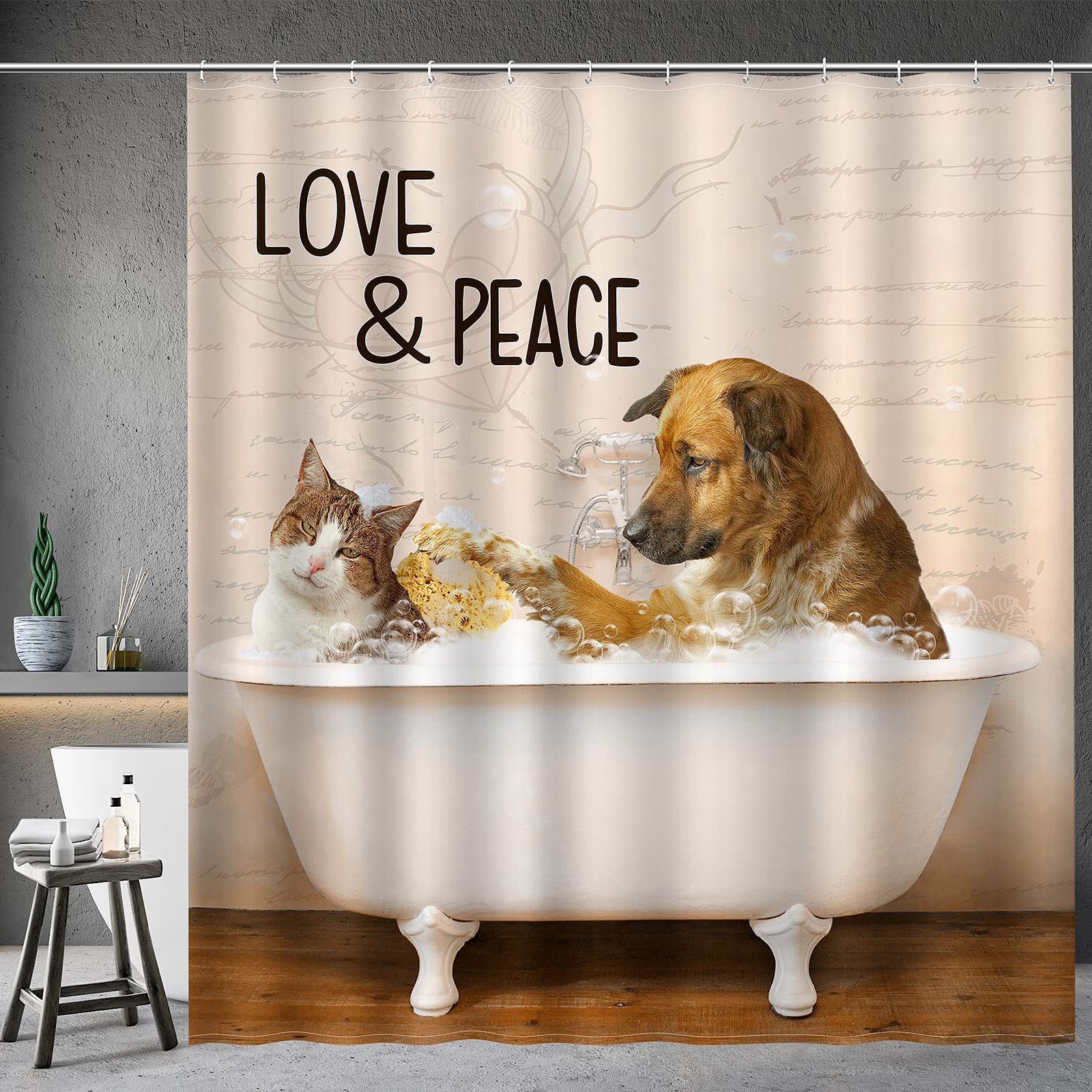 Funny Cat & Dog Shower Curtain - Cute Bathing in Bathtub Design with 12 Hooks, 72x72 Inch Waterproof Bathroom Decor for Love & Peace Theme - Perfect for Kids' Bathrooms, Pet Lovers, and Unique Home Decor