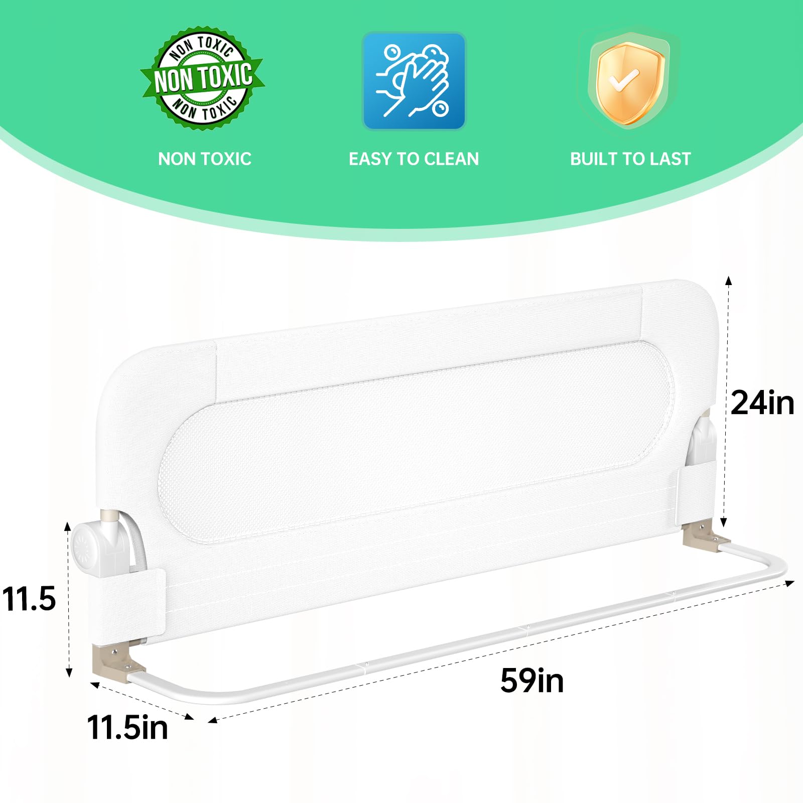 **Toddler Safety Bed Rail - Adjustable Folding Bed Guard for Kids with Reinforced Anchor System - Fits Twin, Full, Queen & King Beds (White, 59