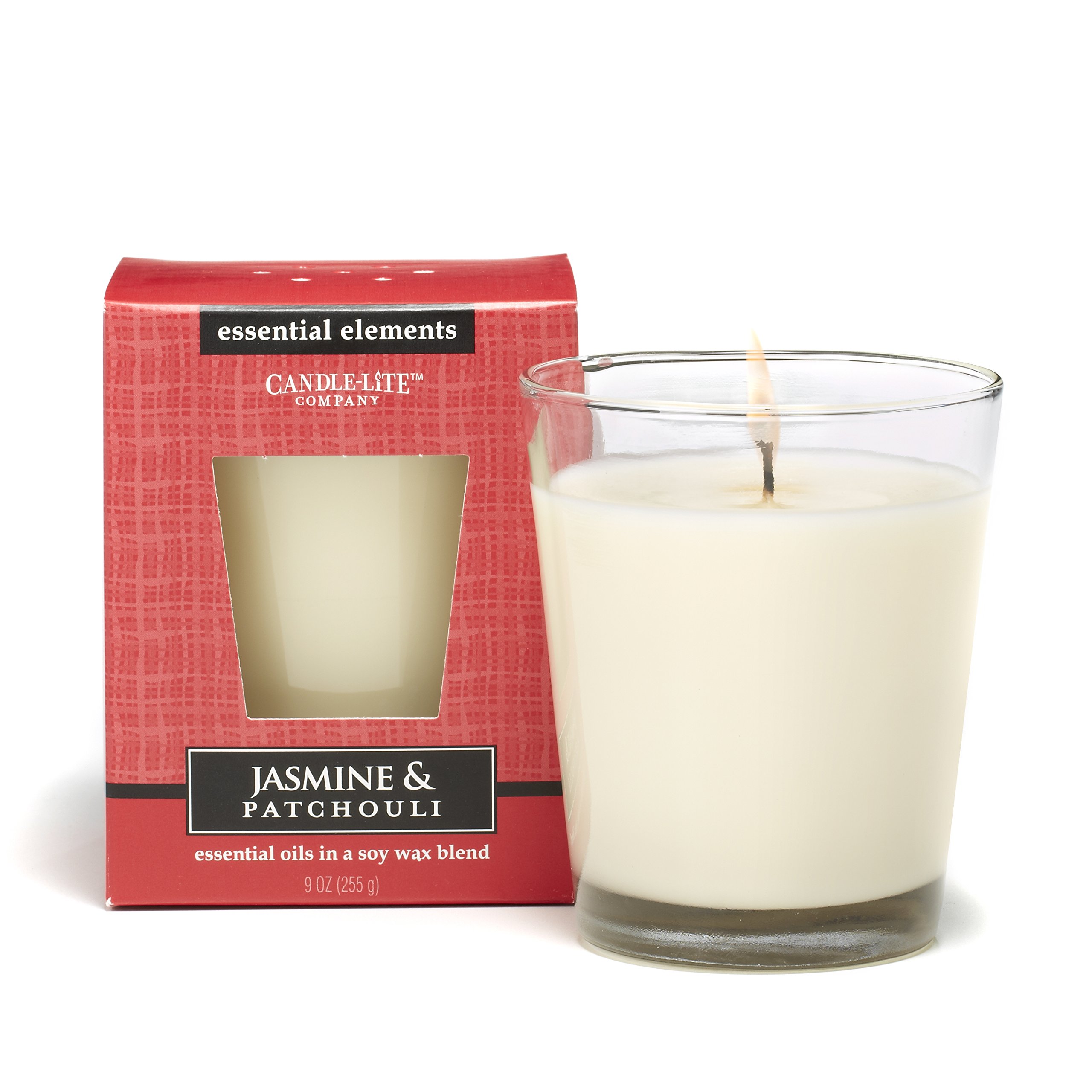 CANDLE-LITE Essential Elements 9-Oz Soy Wax Jar Candle - Jasmine & Patchouli Scent | Relaxing Aromatherapy for Home, Spa & Meditation