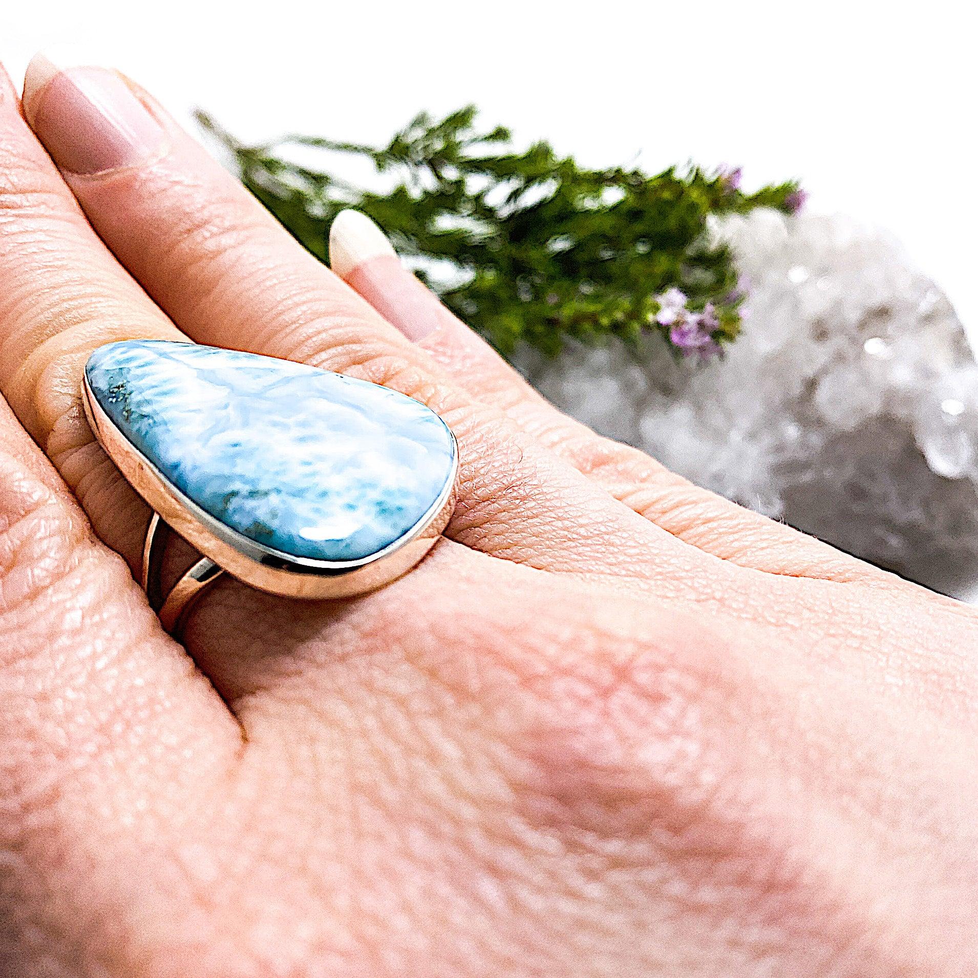 Larimar Freeform Cabochon Ring with Split Band - Size 10 (KRGJ1399) | Handmade Jewelry for Women, Boho Chic Accessory, Perfect for Beach Weddings & Everyday Wear