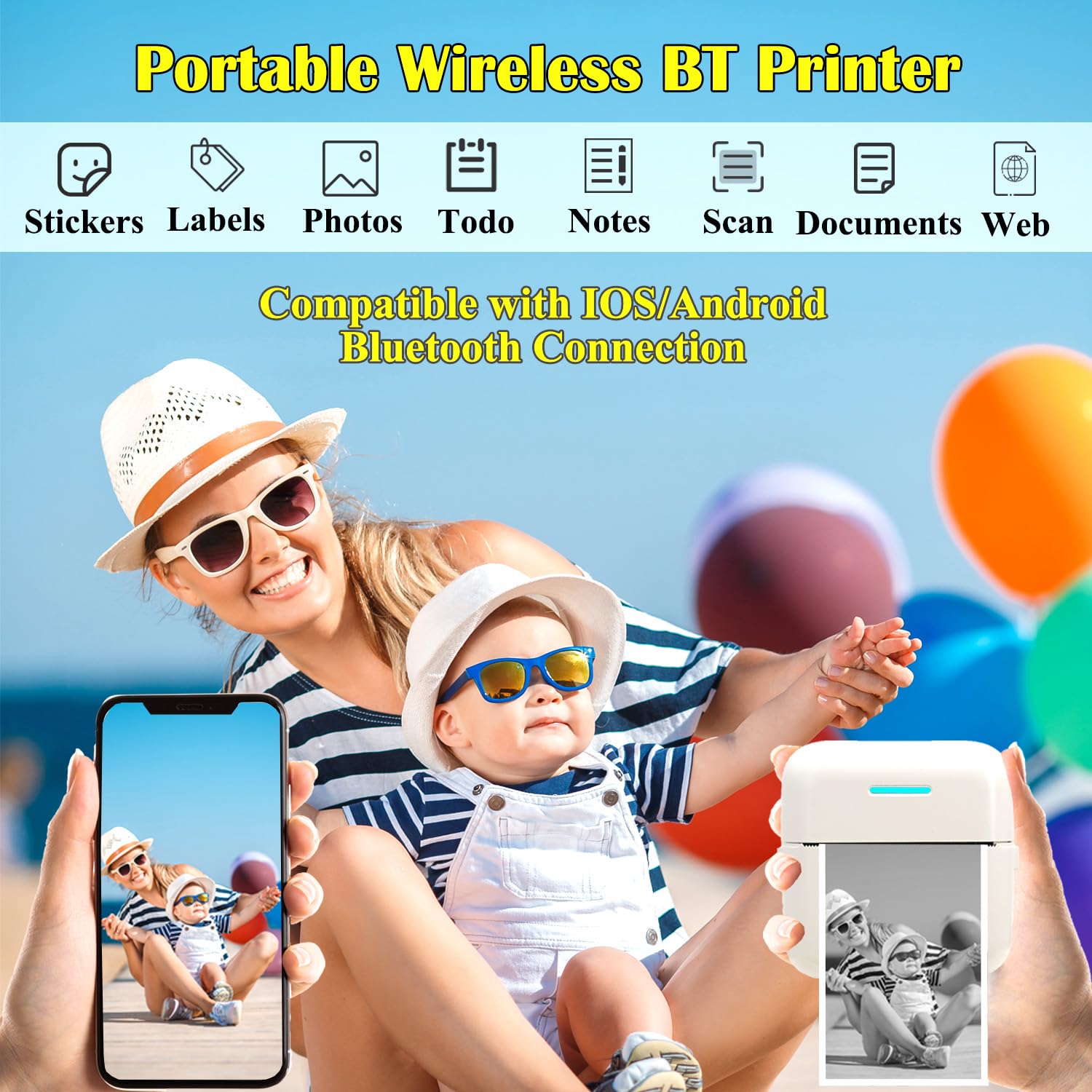 Mini Portable Inkless Thermal Printer - Wireless Sticker & Label Maker for Notes, Photos, Receipts | Includes 12 Rolls Paper | iPhone, Android, Tablet Compatible | Perfect for Home, Office & Travel Organization (White)