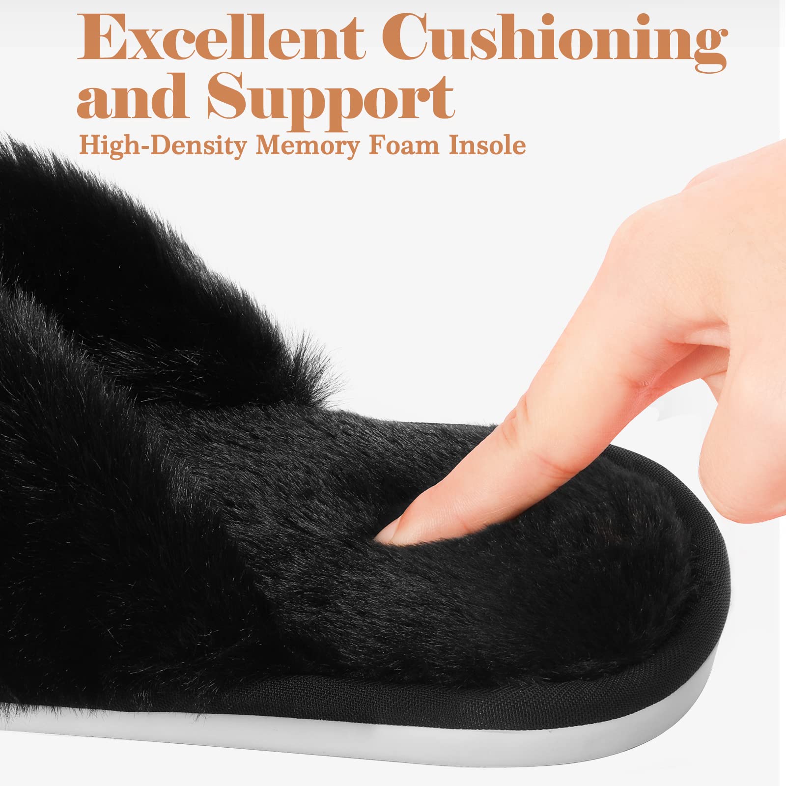 Ankis Women's Fuzzy Fluffy Slippers - 2 Pair Cozy Soft Comfy House Slippers with Cross Band, Open Toe & Non-Slip Sole for Indoor/Outdoor Use - Perfect for Relaxing at Home, Lounging or Quick Errands