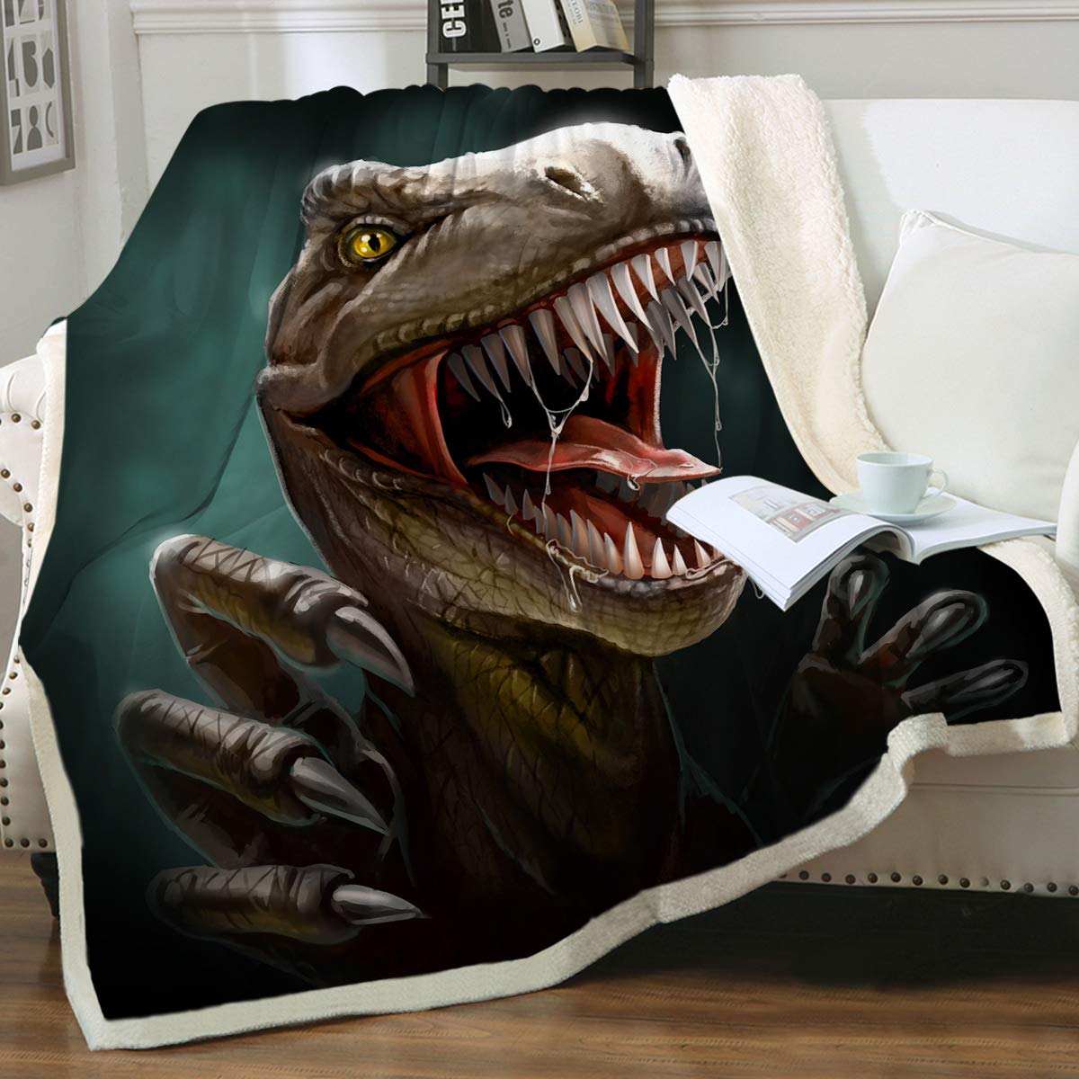 Sleepwish Sherpa Reversible Throw Blanket - Super Soft & Plush Dinosaur Blanket for Boys (T-Rex Teeth, Twin 60