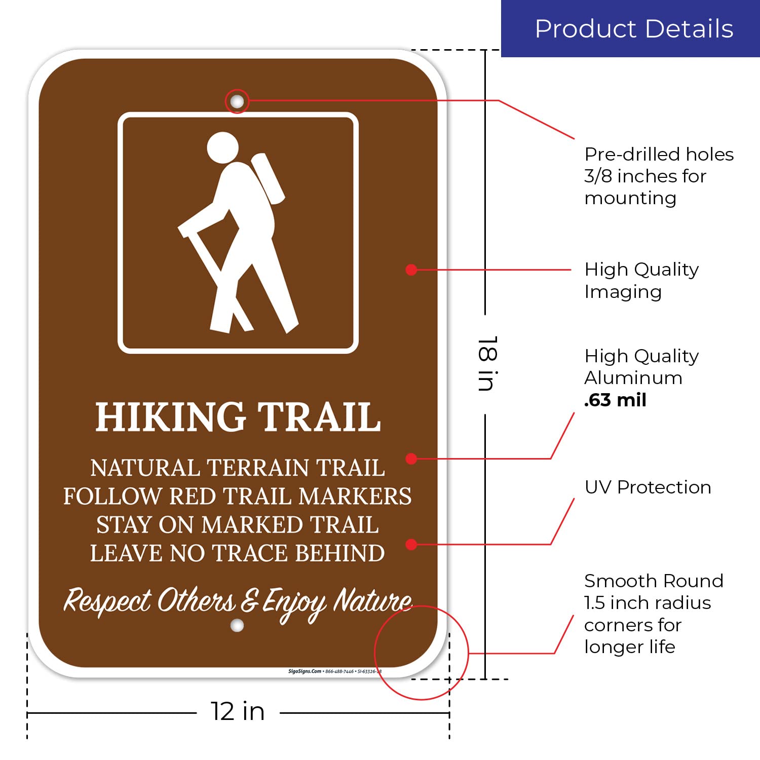 Premium Hiking Trail Signs - 12x18 Inches Rust-Free .063 Aluminum Trail Markers for Outdoor Adventures | Durable, Fade-Resistant & Made in USA | Perfect for National Parks, Campgrounds & Nature Trails
