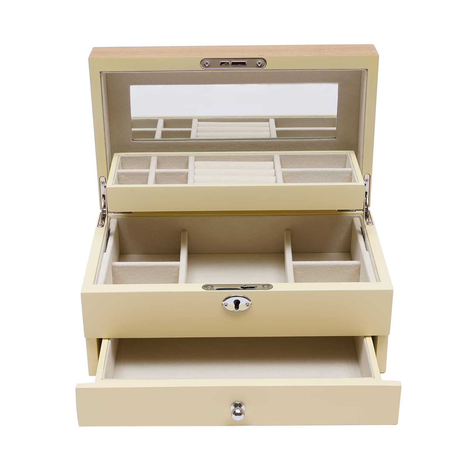 3-Layer Wooden Jewelry Box with Lock & Mirror - Organizer for Rings, Necklaces, Bracelets & Earrings - Perfect Gift for Women, Wife, Mother, Daughter (Beige) | Bedroom Vanity, Travel Jewelry Case, Wedding Gift Idea