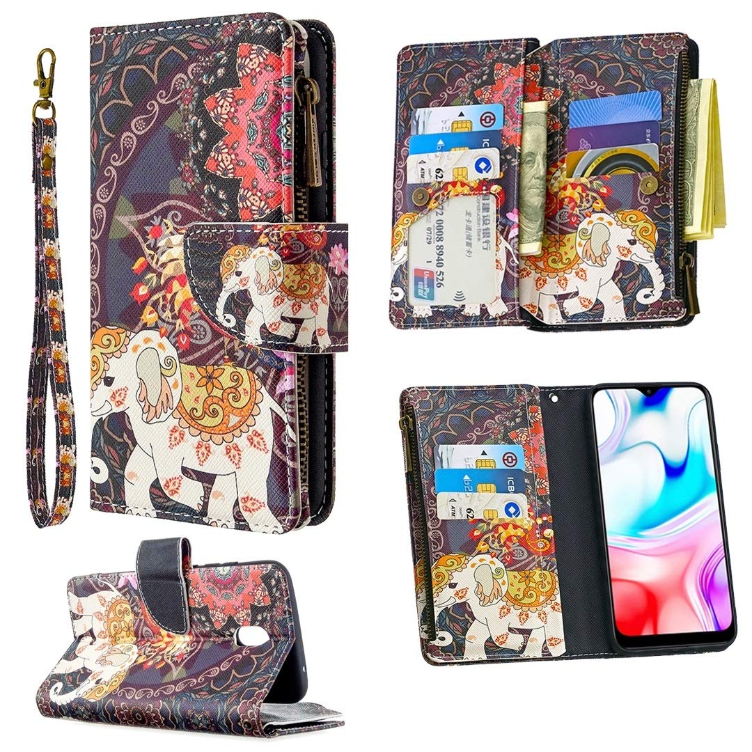 Premium Leather Flip Wallet Case for Xiaomi Redmi 8A - Stylish Zipper Design with Card Slots & Holder (Flower Elephants Pattern) | Perfect for Daily Use, Travel & Business Meetings