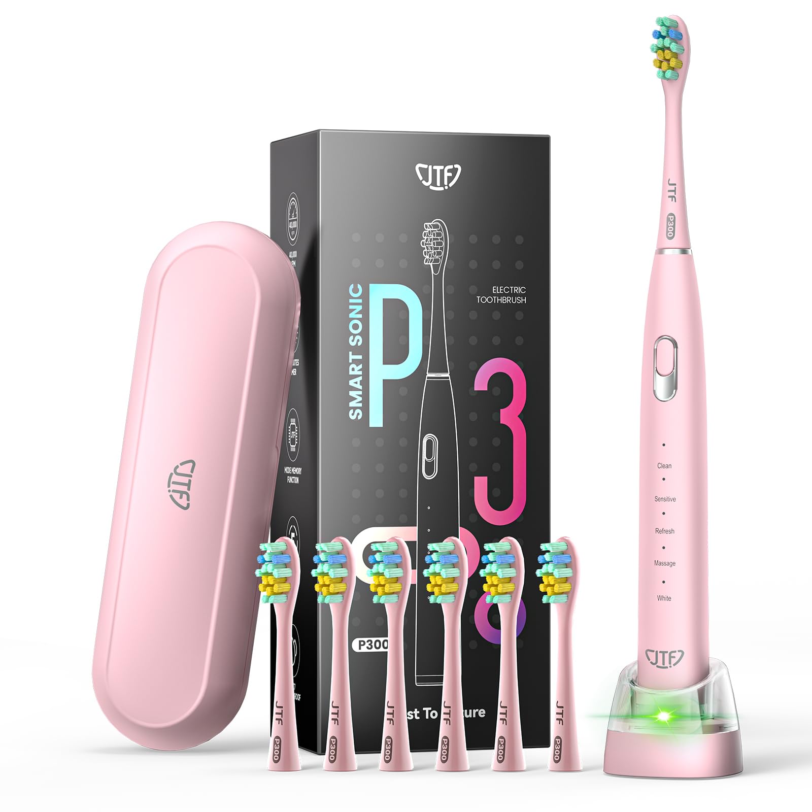 JTF Sonic Electric Toothbrush for Adults - 6 Replacement Brush Heads, 5 Cleaning Modes, IPX7 Waterproof, USB Rechargeable with Travel Case (Pink) | Perfect for Home Use, Travel & Gifts