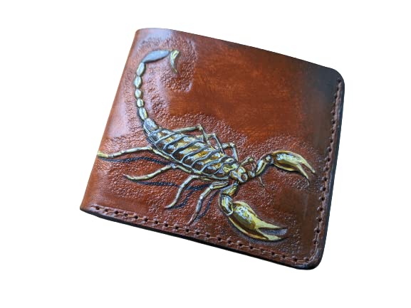 3D Genuine Leather Scorpion Men's Bifold Wallet - Handmade Carved & Tooled Airbrush Art Custom Personalized Wallet for Everyday Use & Gift Giving