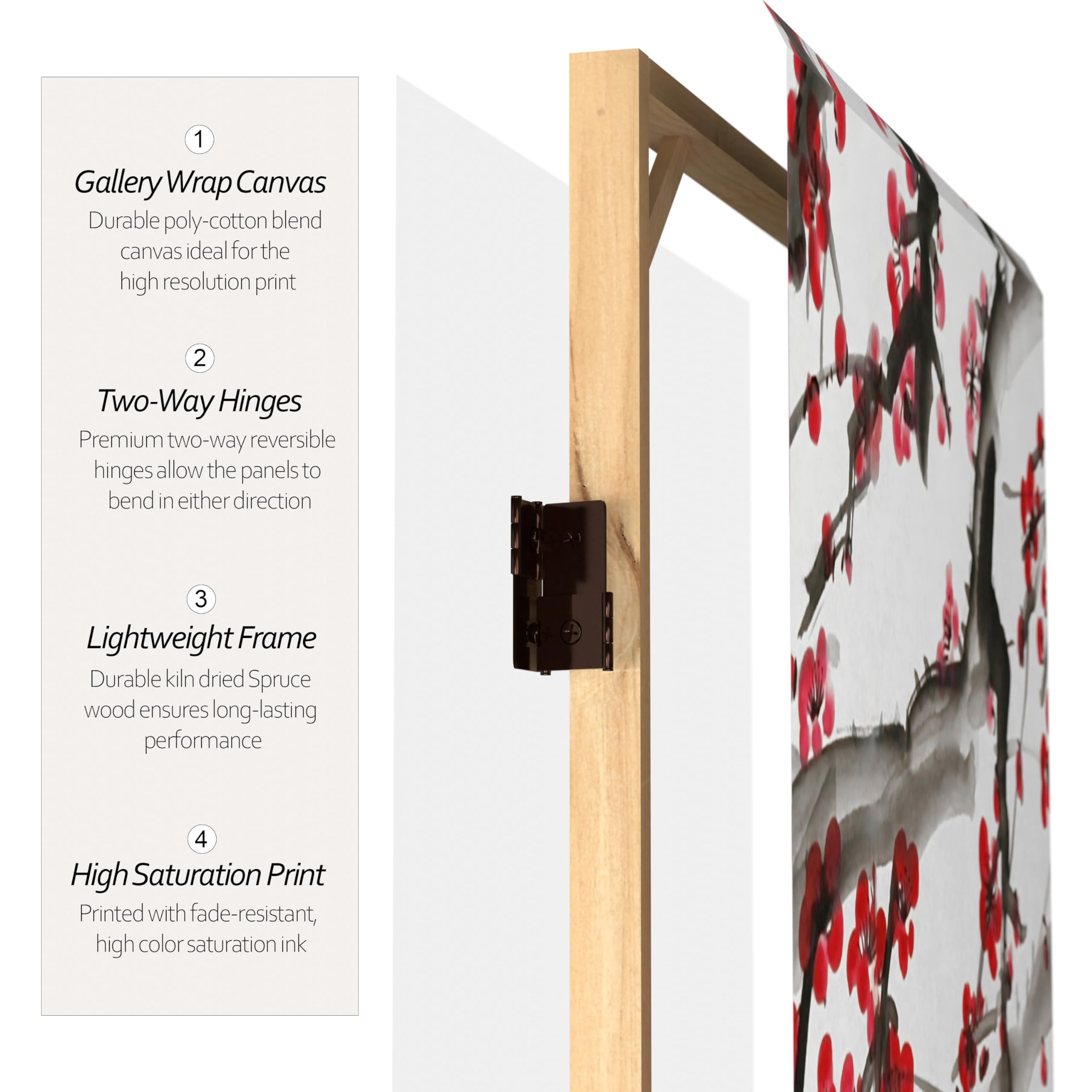 3 ft Red Lantern Double-Sided Plum Blossom Canvas Room Divider - Traditional Chinese Decorative Screen for Home, Office & Wedding Decor