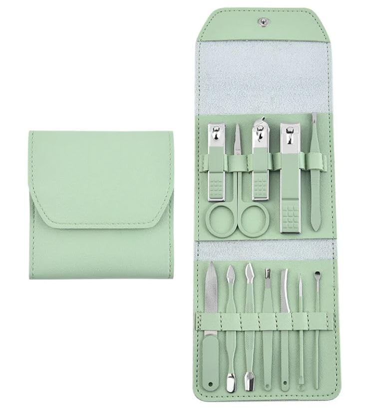 12-Piece Stainless Steel Manicure & Pedicure Tool Kit - Professional Nail Care Set with Folding Bag (Green) | Portable Beauty Essentials for Home, Salon & Travel