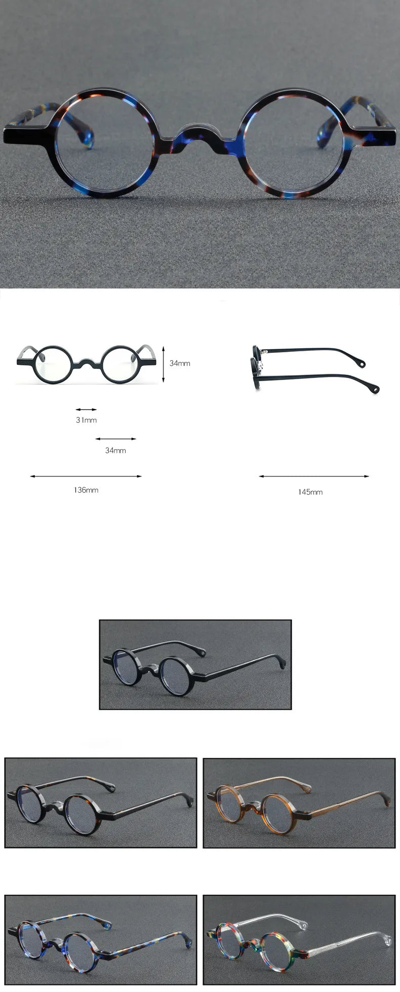 CCspace Unisex Full Rim Small Round Acetate Eyeglasses 56935 - Lightweight & Durable Frame for Reading, Work, and Everyday Use