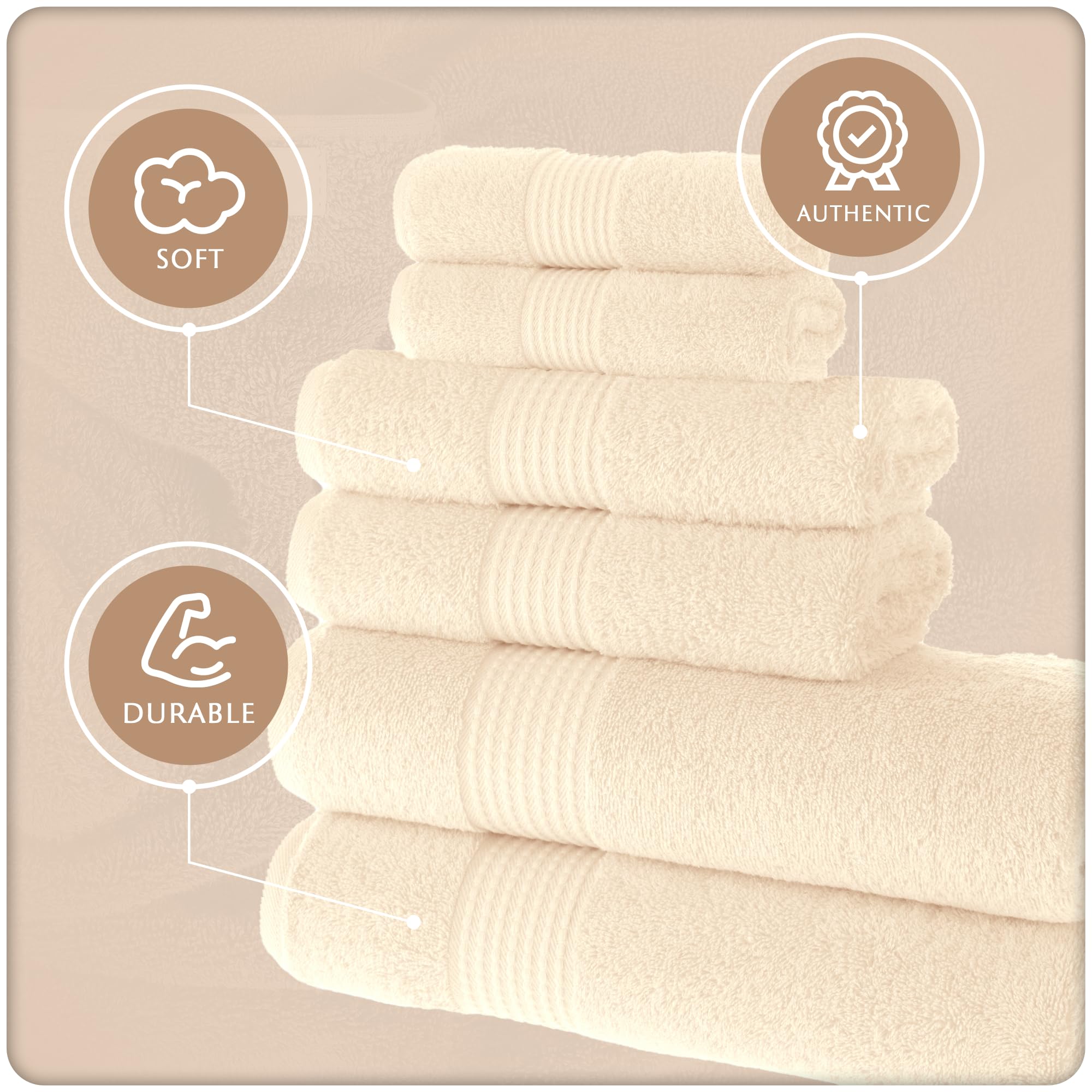 MAURA 6-Piece Bath Towel Set - 2 Bath Towels, 2 Hand Towels & 2 Washcloths with Hanging Loops | Ultra Soft, Highly Absorbent & Durable Cotton Bathroom Towels | Perfect for Spa, Guest Bathroom & Luxury Home Use (Cream)