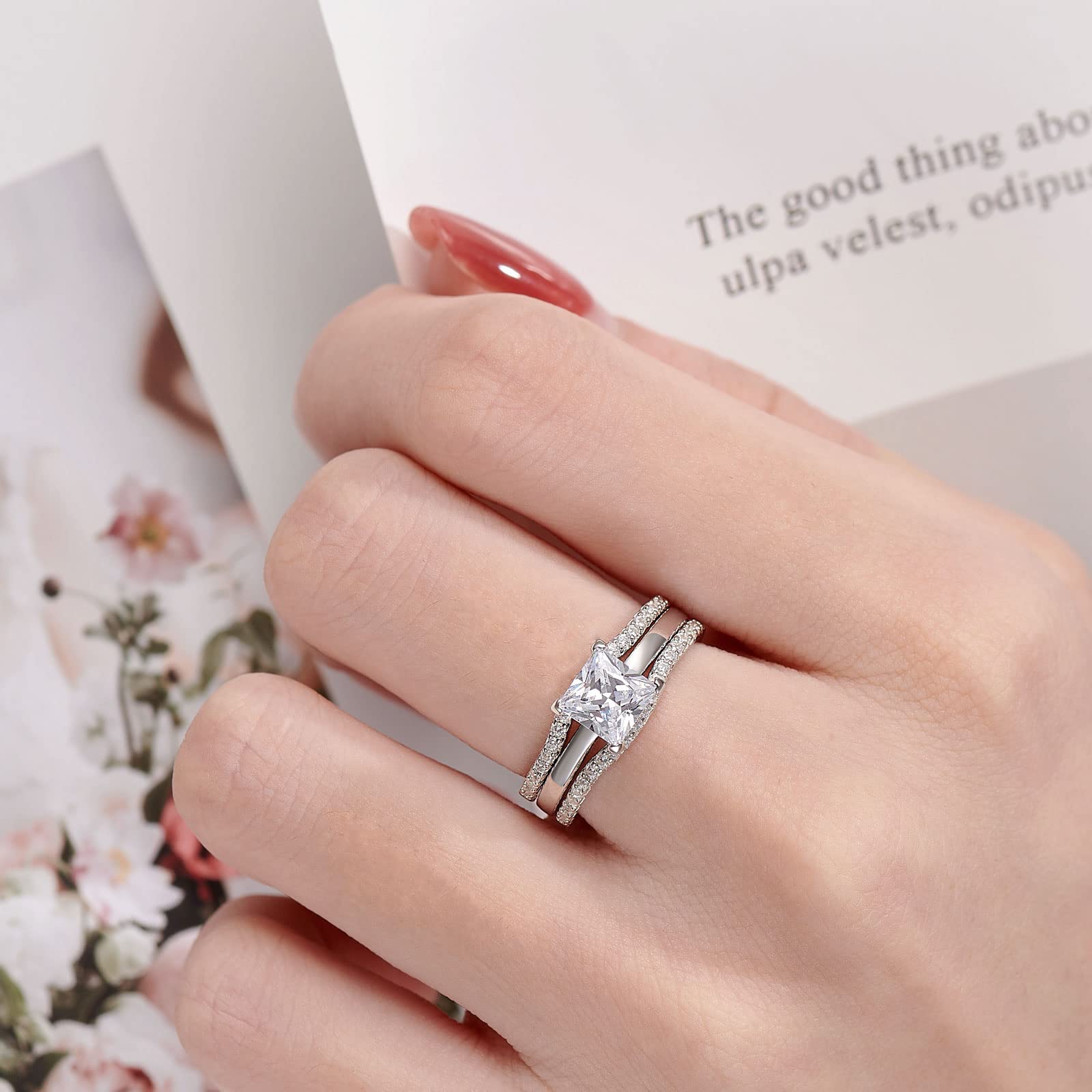 SHELOVES Solitaire Princess CZ Engagement Ring Set with Wedding Band & Ring Guard Enhancer - Sterling Silver Size 5-12 | Perfect for Proposals, Anniversaries & Bridal Jewelry Gifts