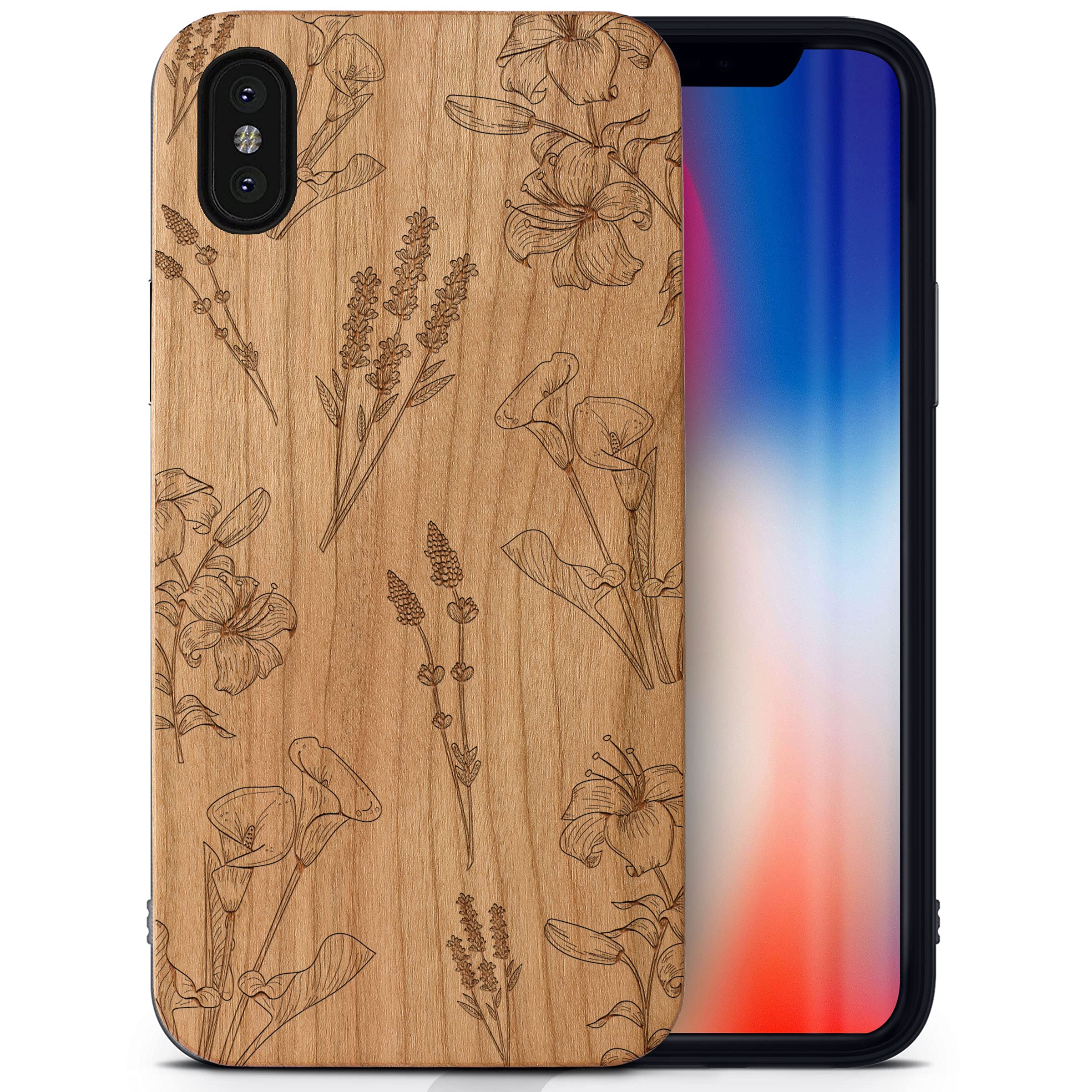 CaseYard Wood Phone Case for iPhone X - Laser Engraved Floral Design Cherry Wood Cover | Shockproof Slim Fit Protective Case for Men & Women | Perfect for Outdoor Activities & Daily Use