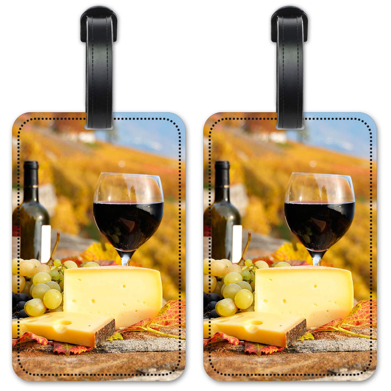 Premium Red Wine & Cheese Themed Luggage ID Tags - Durable Suitcase Identification Cards Set of 2 - Perfect for Travel, Wine Lovers & Gift Giving