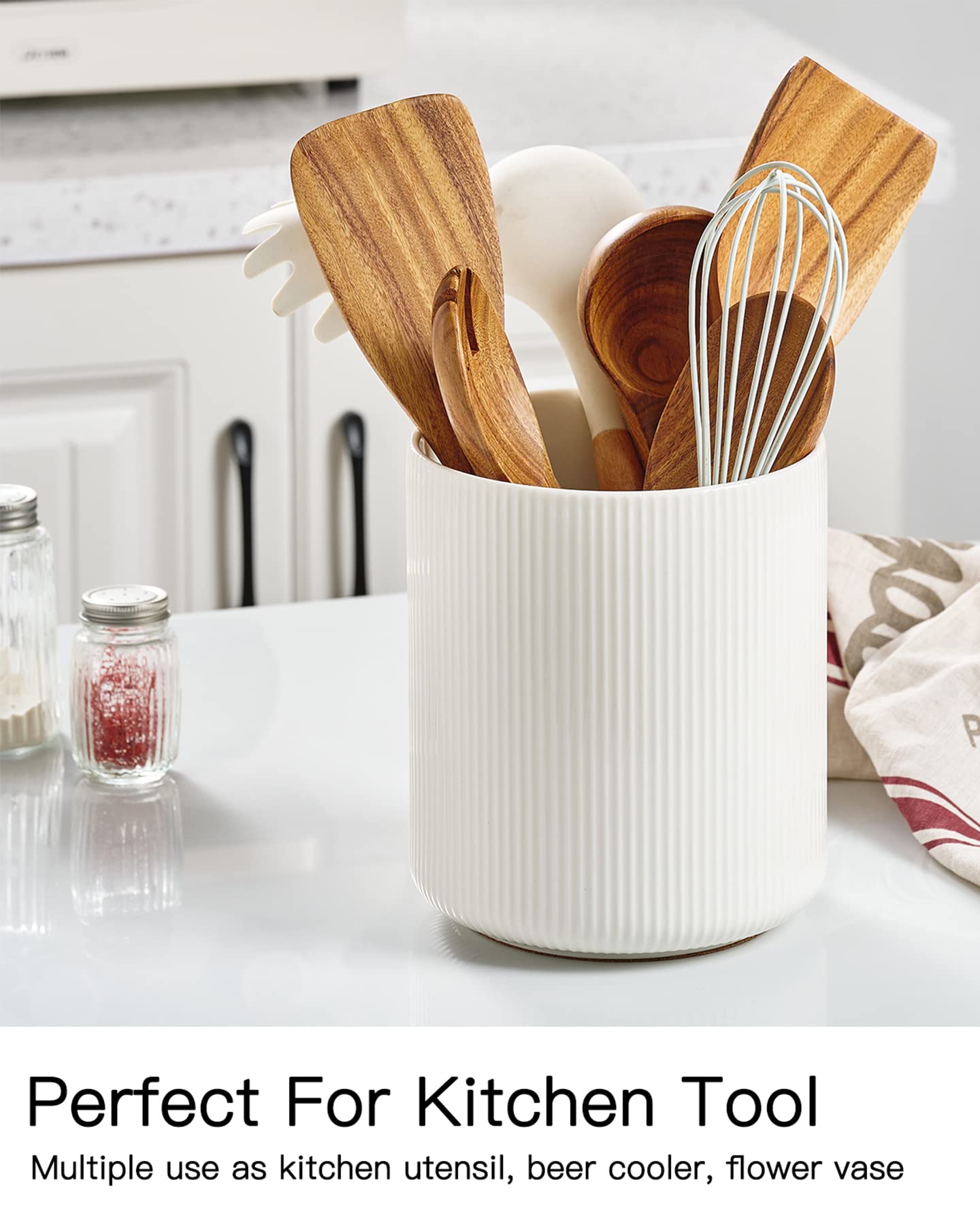 Getstar Large Ceramic Kitchen Utensil Holder with Cork Mat - 7.2